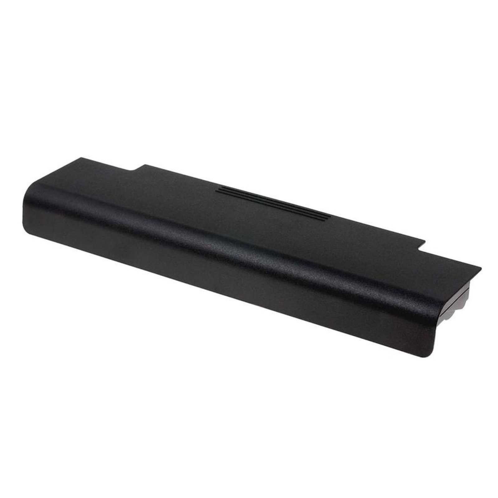 Batería negra de portátil sobre fondo blanco. Tiene forma rectangular.