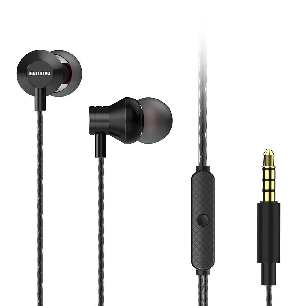 Auricolari neri con pulsante di controllo nero e jack dorato.