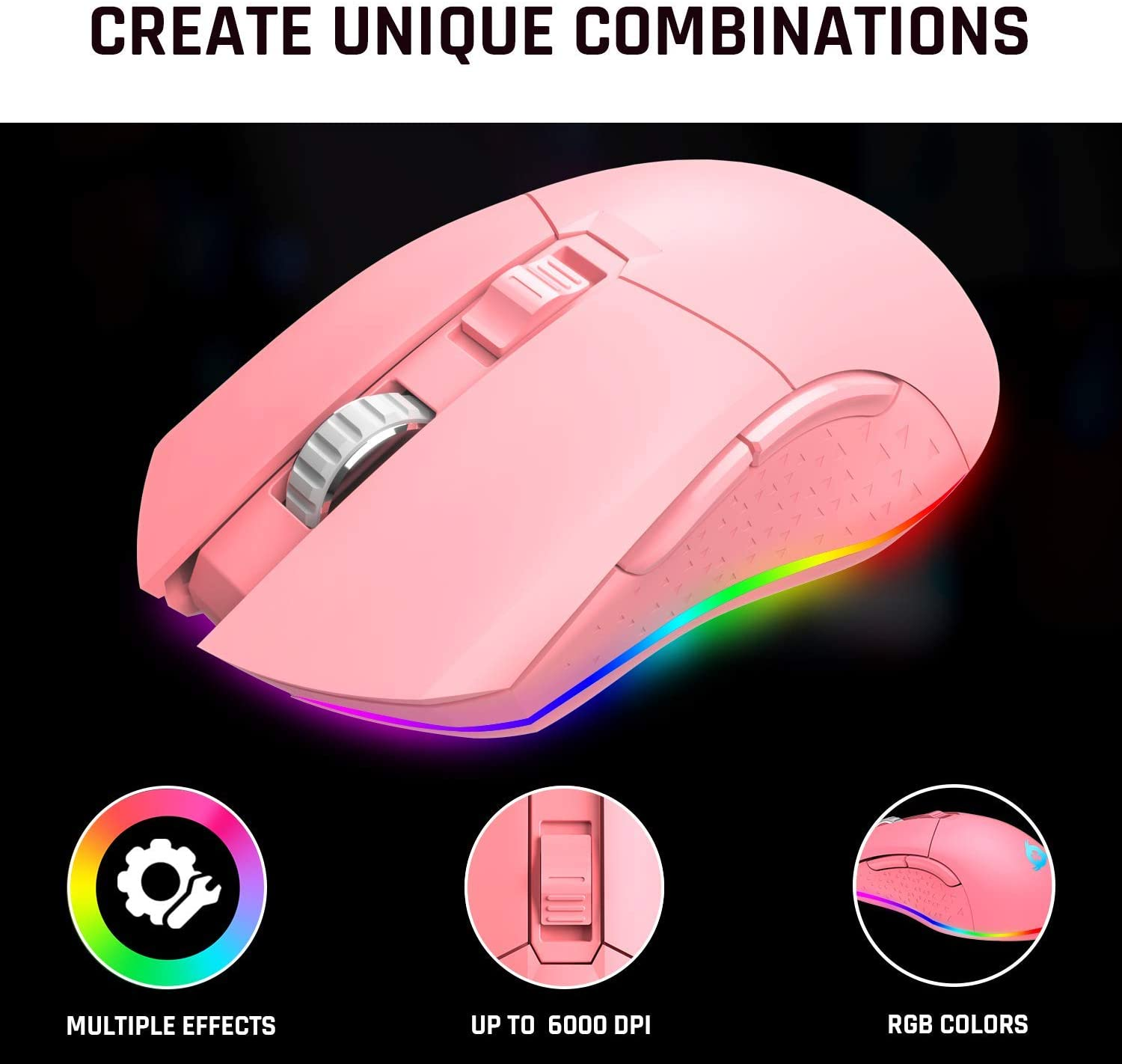 Rosa Gaming-Maus mit Regenbogen-LED und Tasten. Text sagt, einzigartige Kombinationen erstellen.