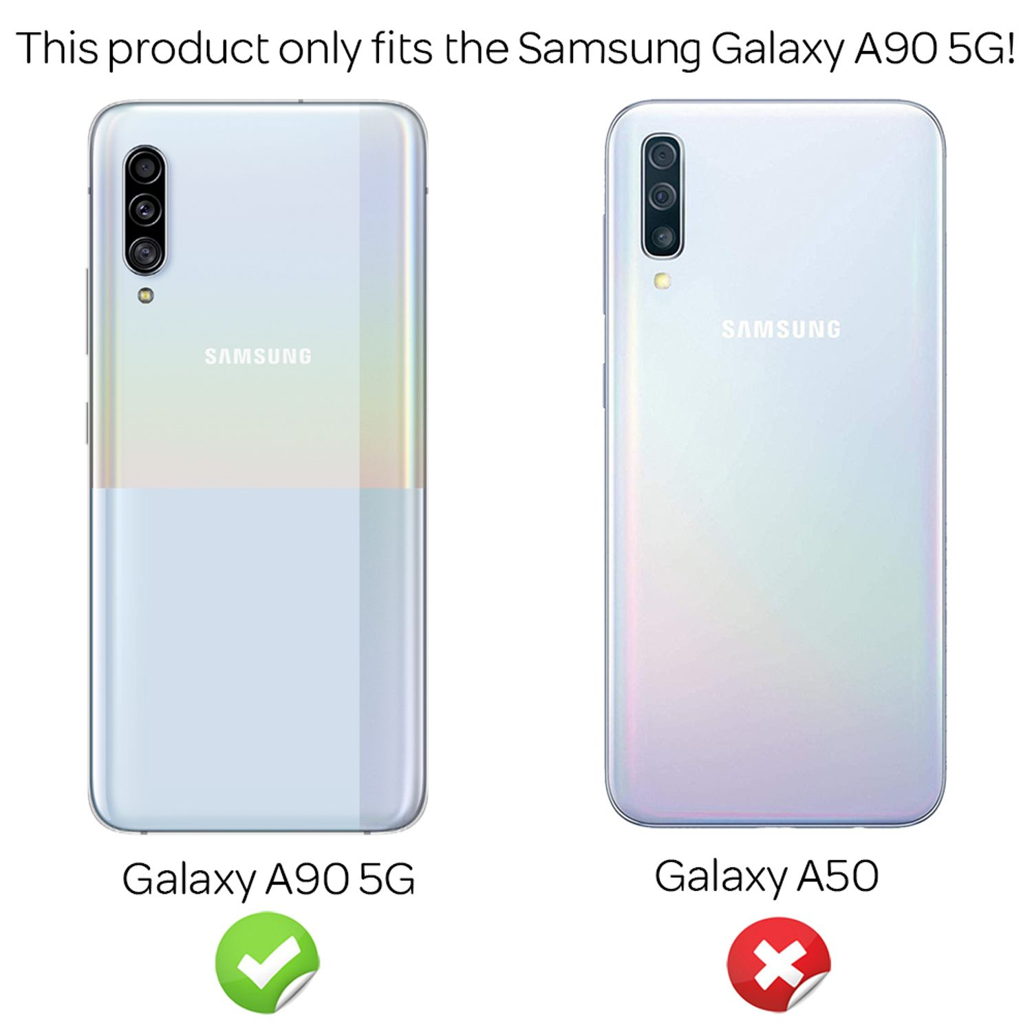 Zwei Telefone, Galaxy A90 5G und Galaxy A50, mit Text, der die Kompatibilität anzeigt.