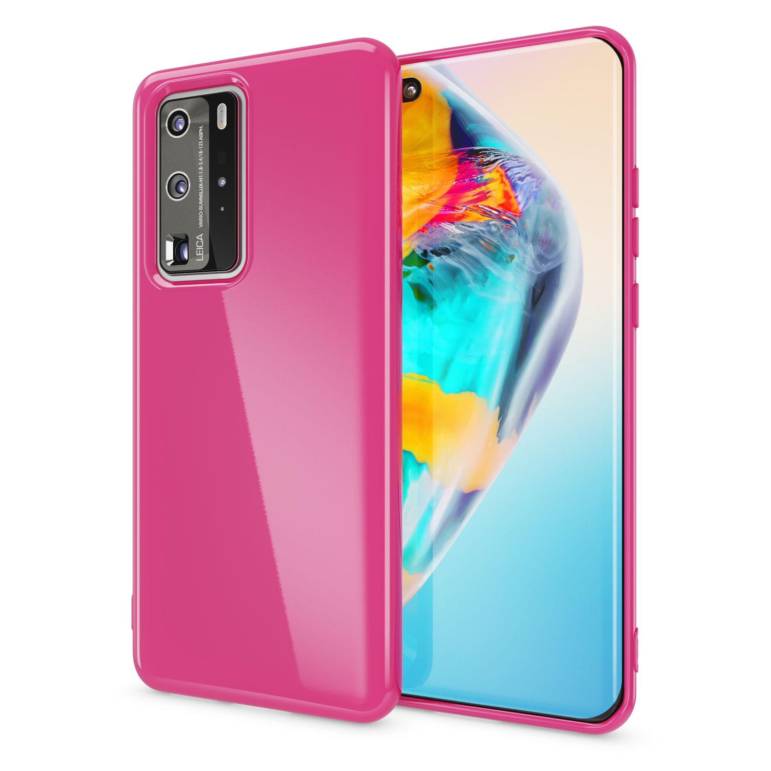 Rosa Handyhülle auf Weiß, mit Handy, das die Oberfläche zeigt. Kameramodul hinten.