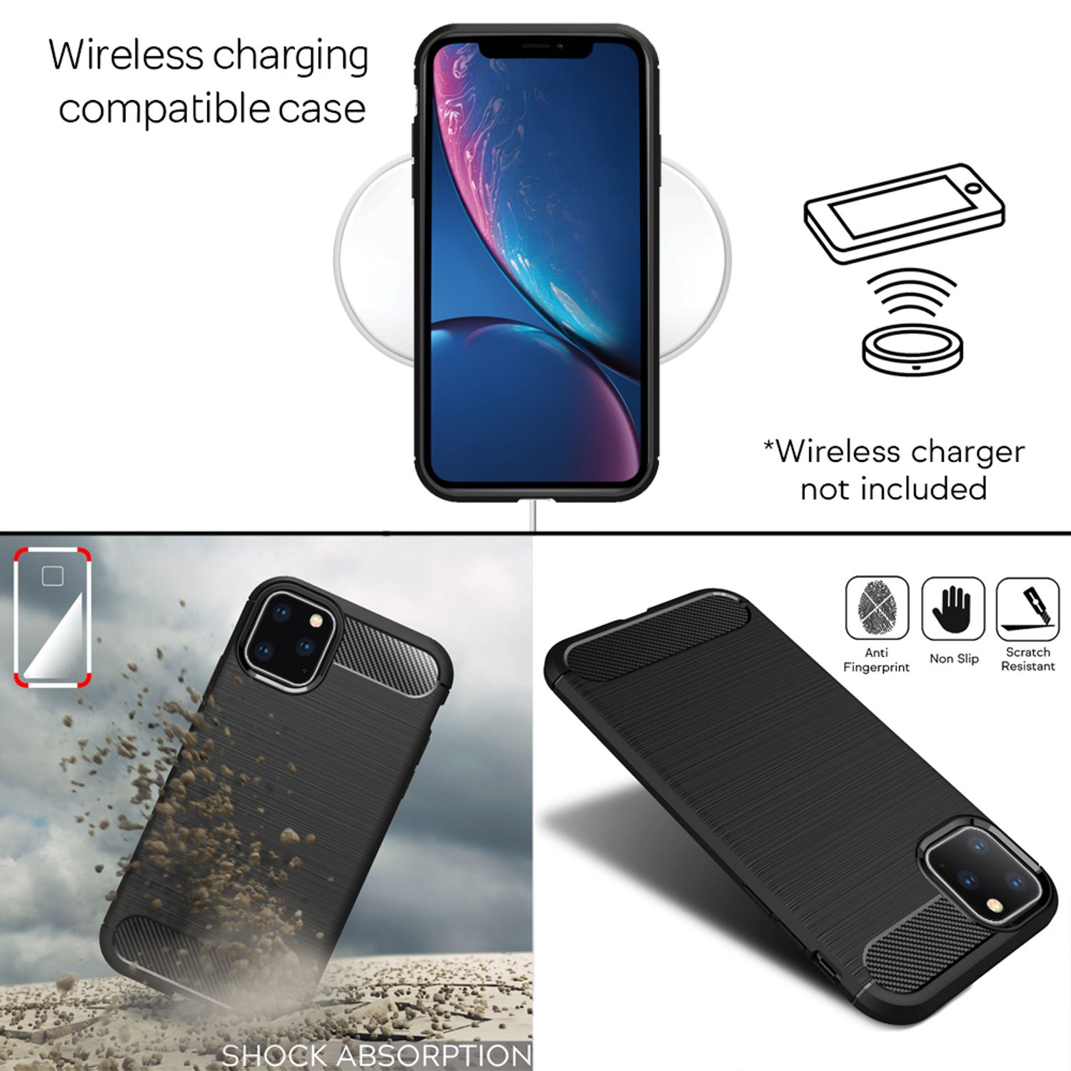 Dos fundas de teléfono, una con un teléfono y un cargador inalámbrico. Texto: Funda compatible con carga inalámbrica.