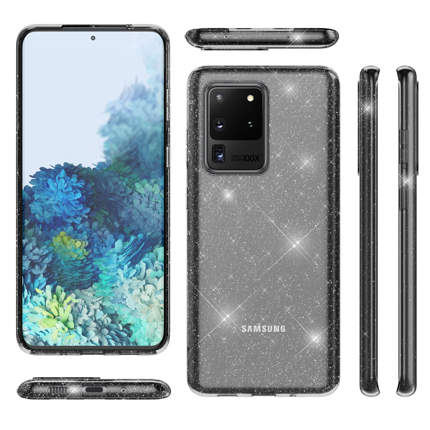 Mehrere Ansichten eines Samsung-Telefons in einer funkelnden, transparenten Hülle, zeigt verschiedene Winkel.