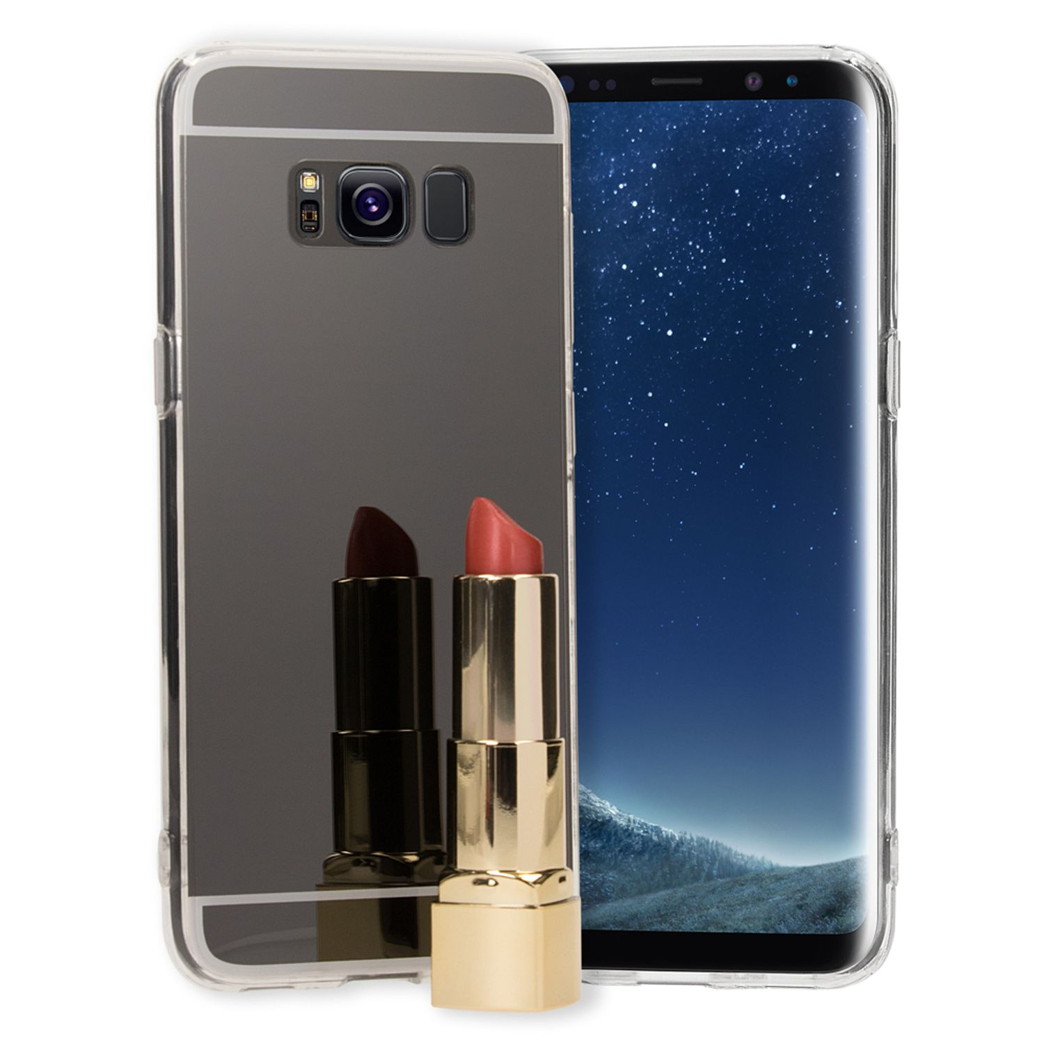 Handyhülle mit verspiegelter Oberfläche, Lippenstift davor und ein Telefon.