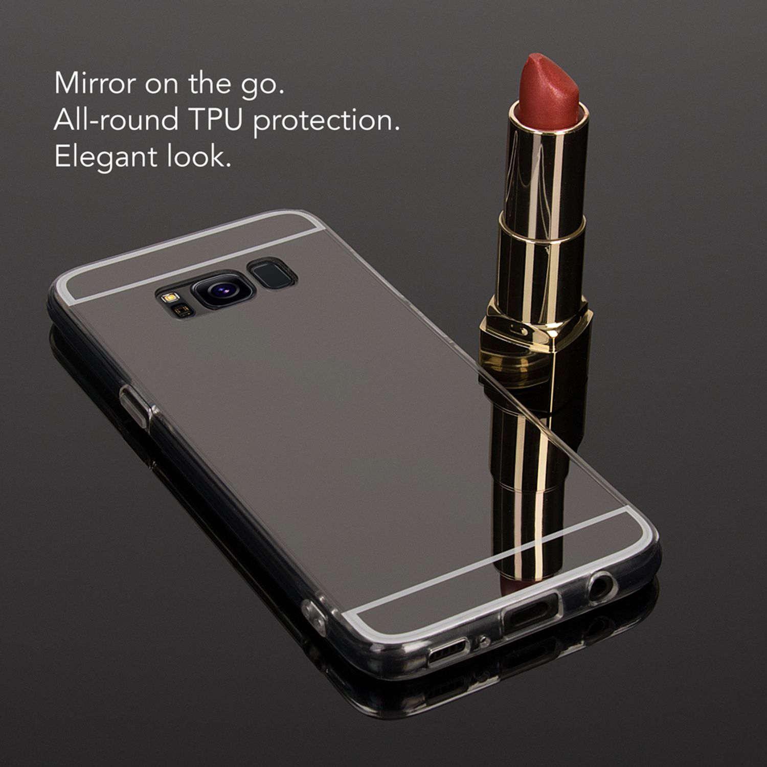 Eine schwarze Handyhülle mit Spiegelfinish, ein Lippenstift und Text zur Beschreibung.