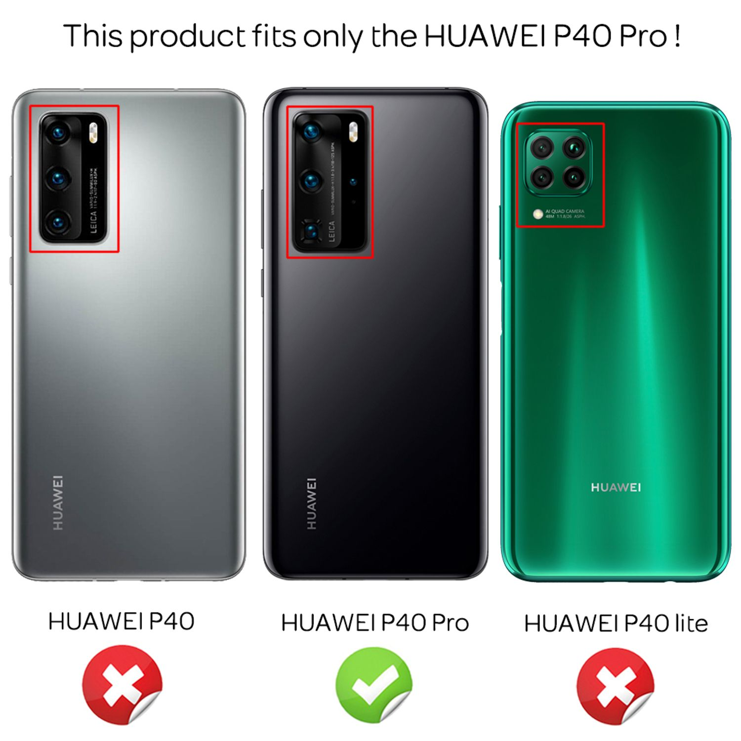 Trois dos de téléphone Huawei, étiquetés P40, P40 Pro et P40 lite. Seul le Pro est correct.