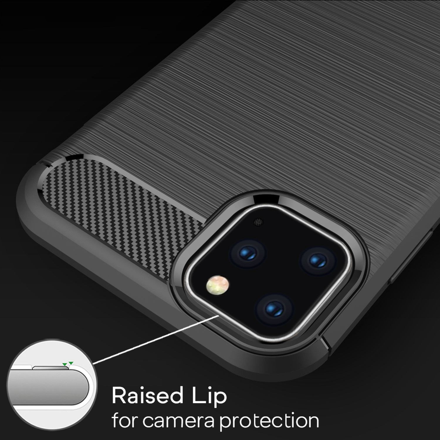 Una funda de teléfono negra, vista de cerca. Hay un borde elevado para la protección de la cámara.