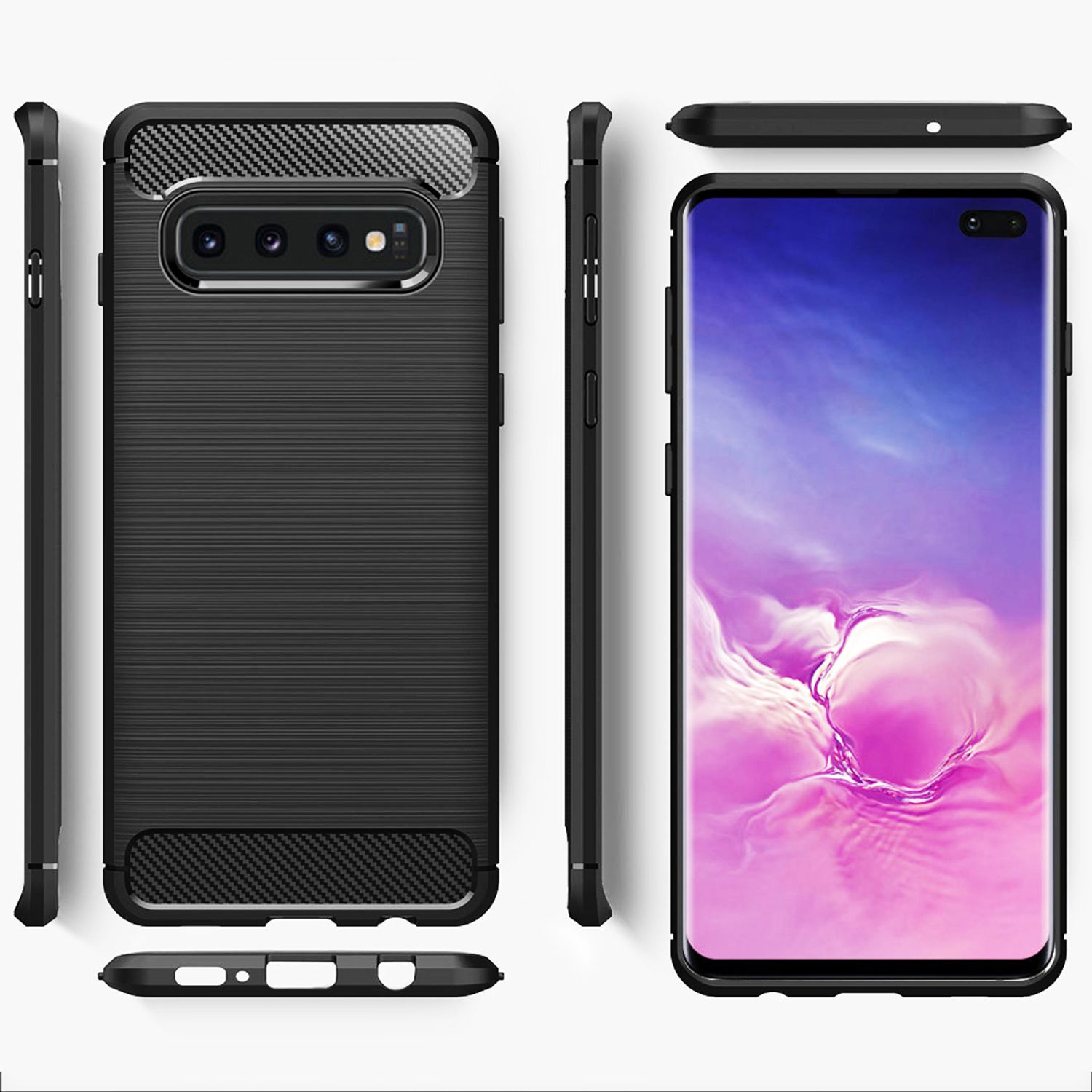 S10 Hülle, Plus, Silikon Schwarz NALIA Galaxy Samsung, Carbon-Look Backcover,