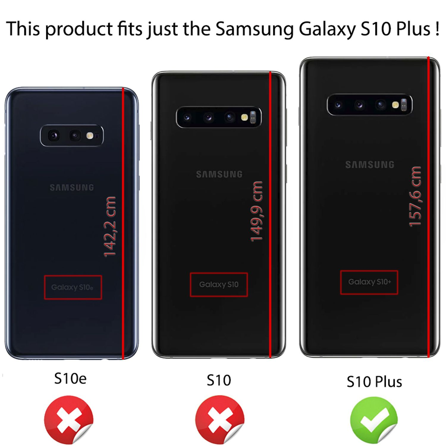 Drei Telefone, mit roten Linien, die angeben, mit welchen Modellen das Produkt kompatibel ist. Nur das S10 Plus passt.