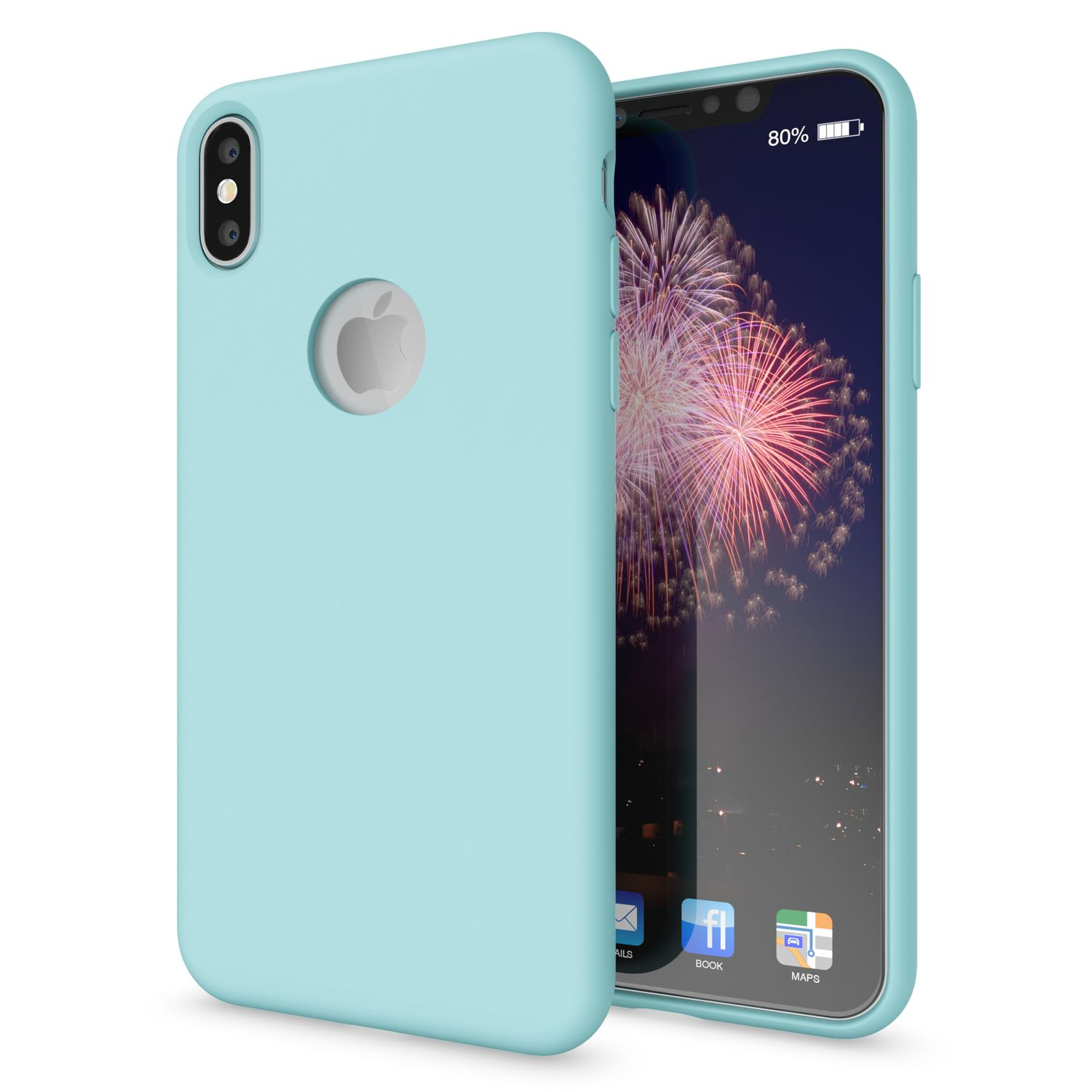 Hellblaue Handyhülle mit Telefon. Das Telefon zeigt Feuerwerk auf dem Bildschirm. Hülle hat ein weißes Apple-Logo.