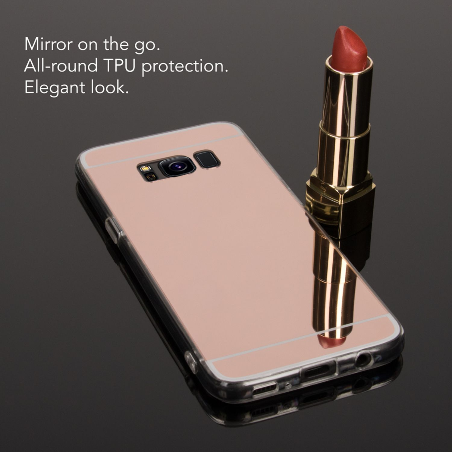 Handyspiegel-Hülle mit Lippenstift. Text: Spiegel für unterwegs. Rundumschutz. Eleganter Look.