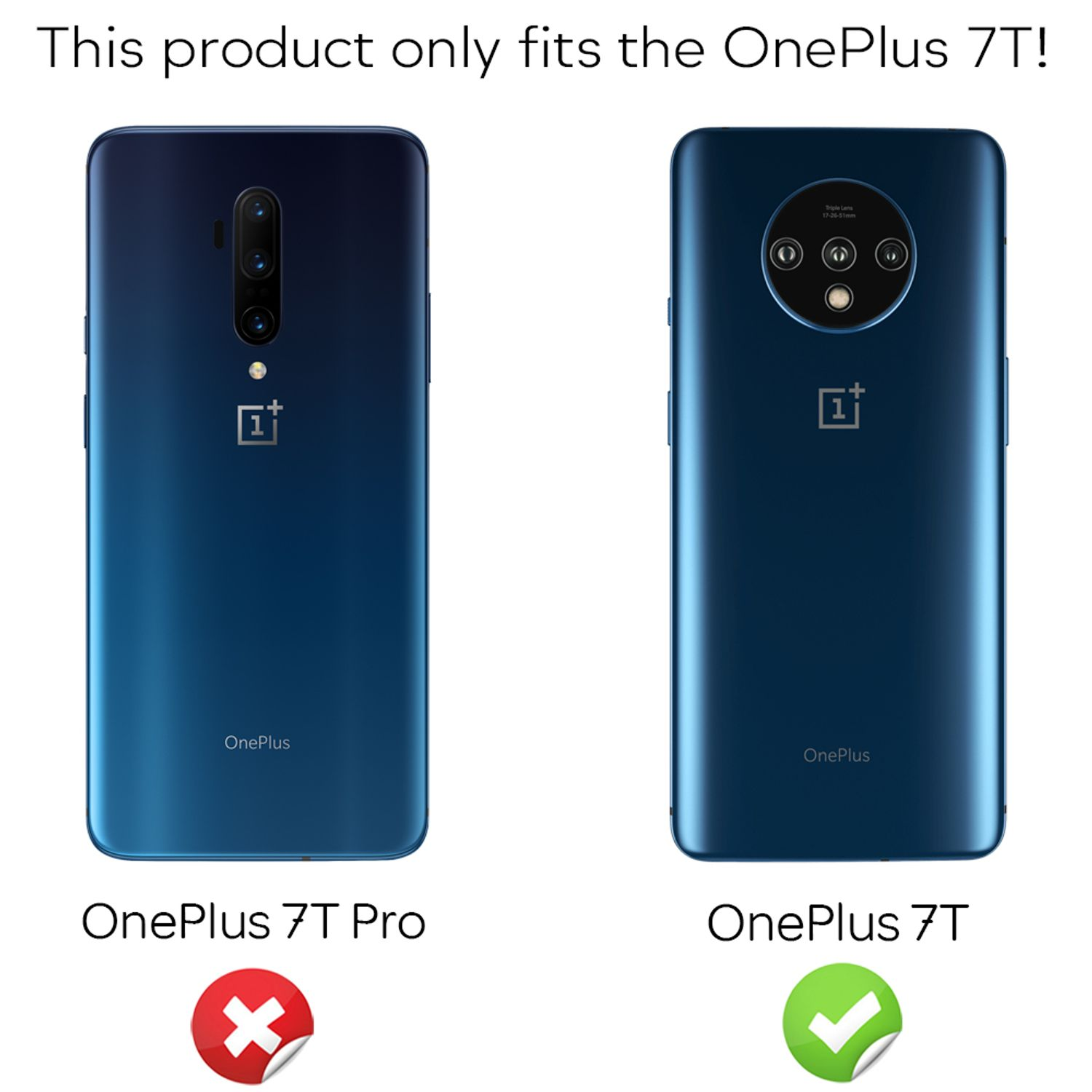 Deux téléphones, le OnePlus 7T correct et le OnePlus 7T Pro incorrect.