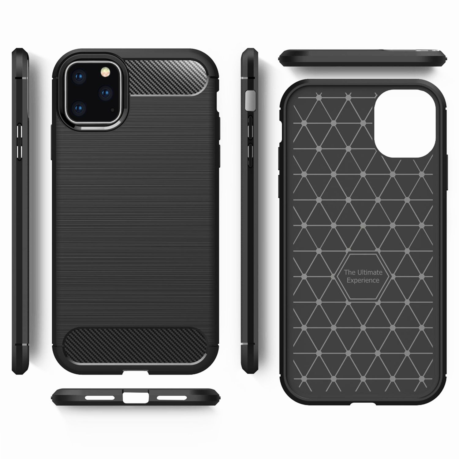 Funda negra para teléfono con detalles texturizados en la parte trasera y los laterales. La funda se muestra desde múltiples ángulos.