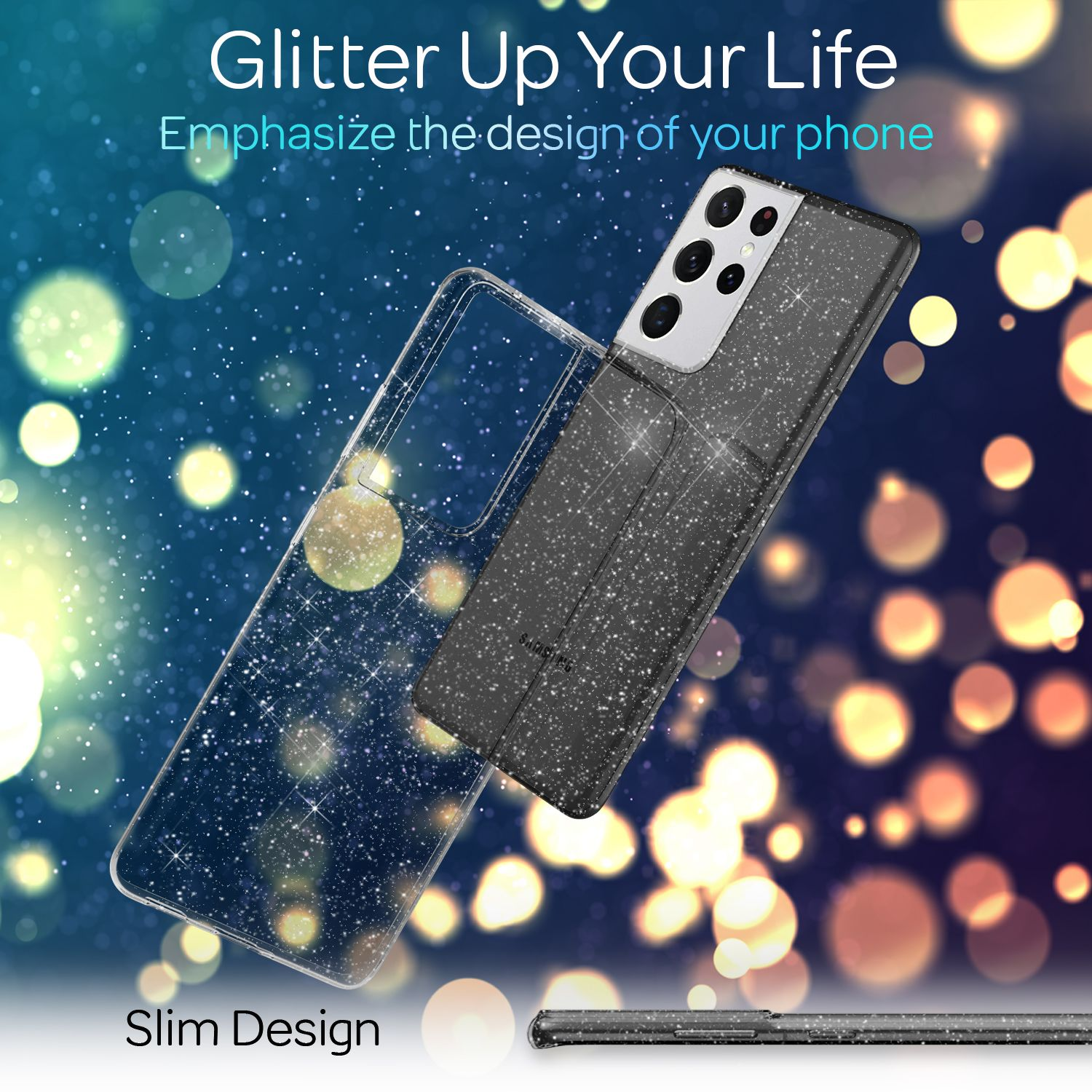 Handyhülle mit Glitzerdesign. Ein Telefon ist innen, mit einer abgenommenen Hülle links. Bokeh-Hintergrund.