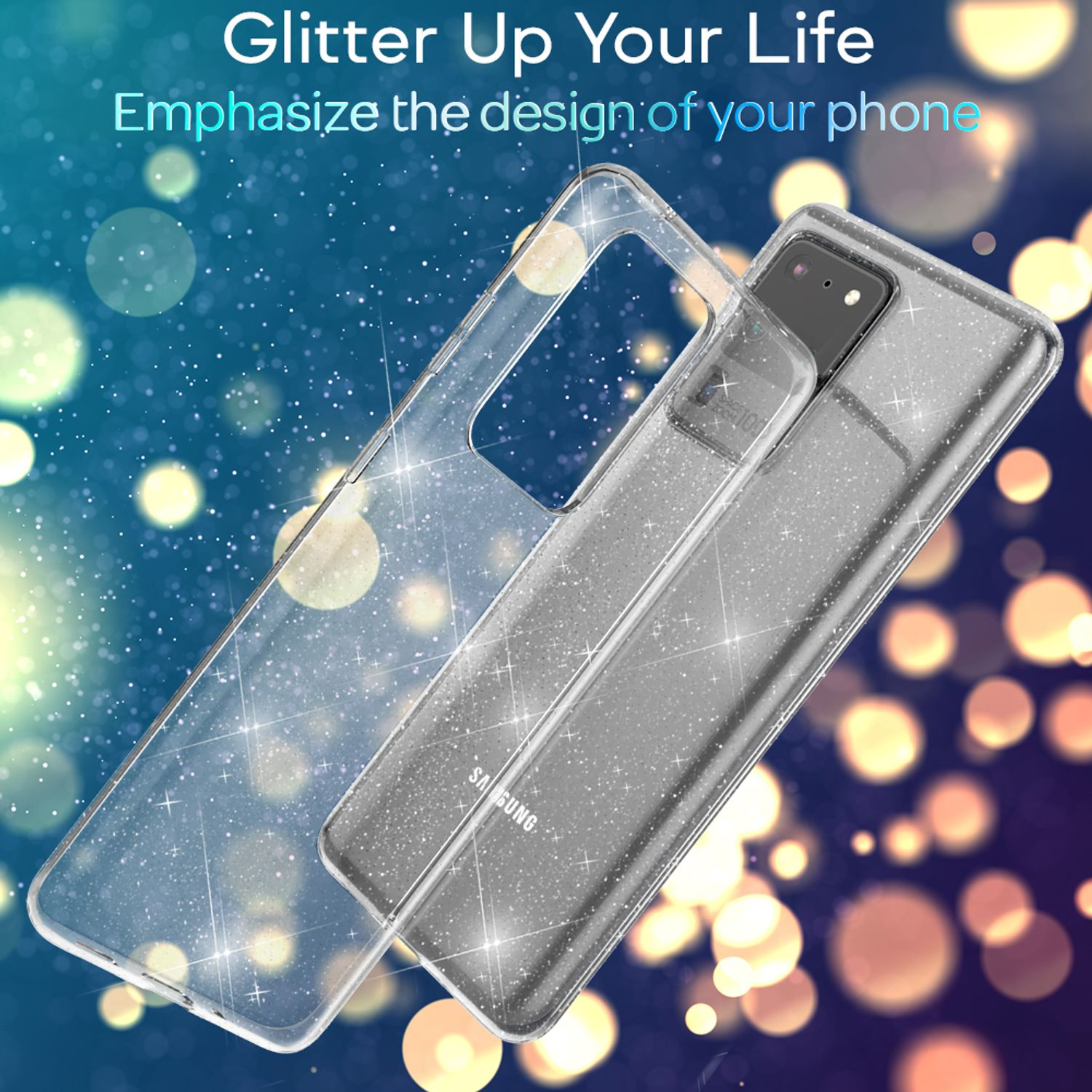 Glitzer-Handyhülle mit einem Samsung-Telefon. Transparente Hülle mit Glitzer, betont das Design.