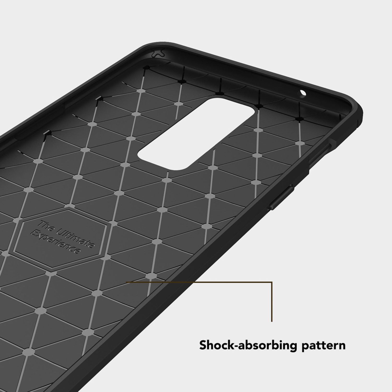 Interior negro de la funda con patrón de rejilla. Texto: 'Shock-absorbing pattern'.