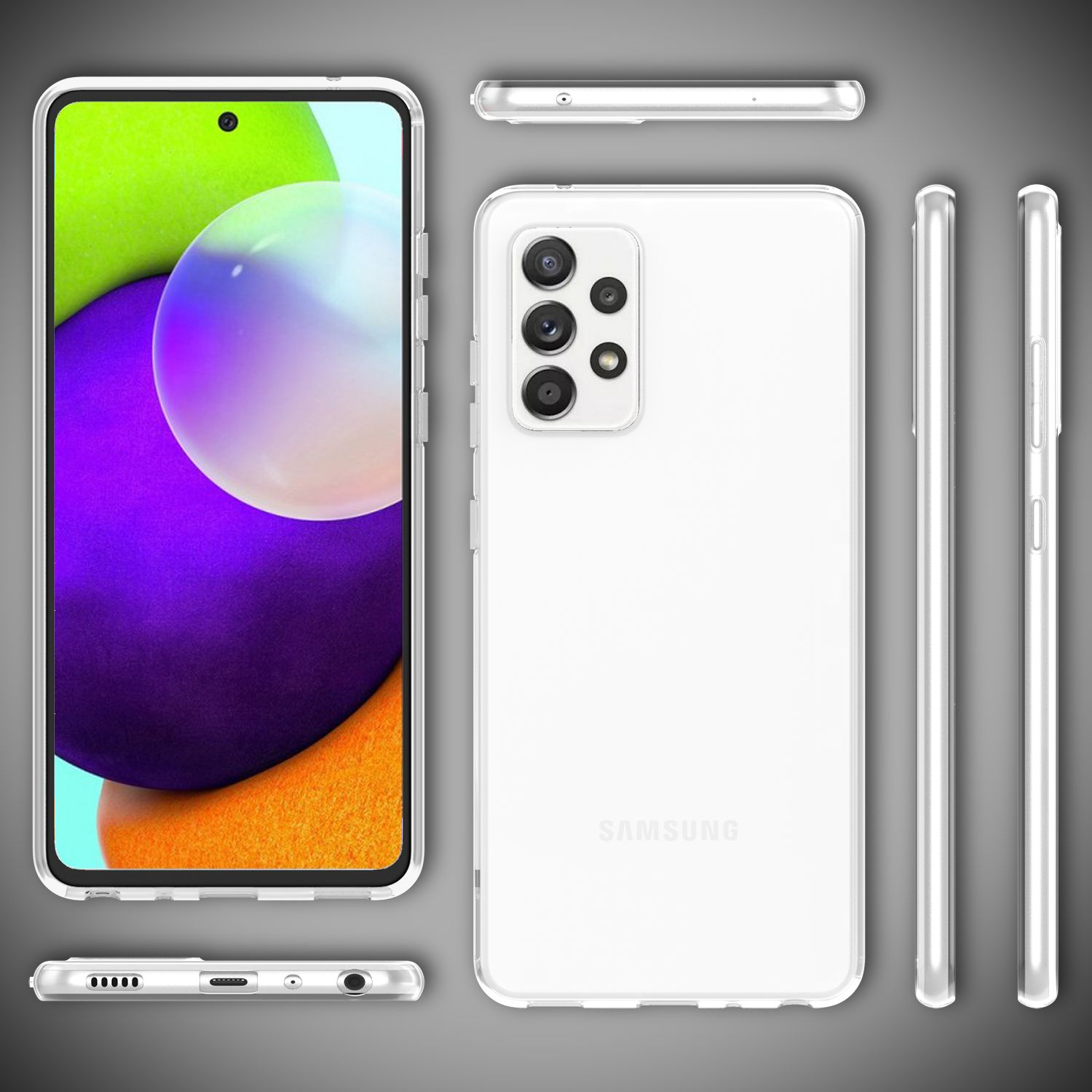 Samsung-Telefon mit klarer Hülle, mehrere Winkel gezeigt. Telefon links, Hülle rechts, Details Kamera und Knöpfe.