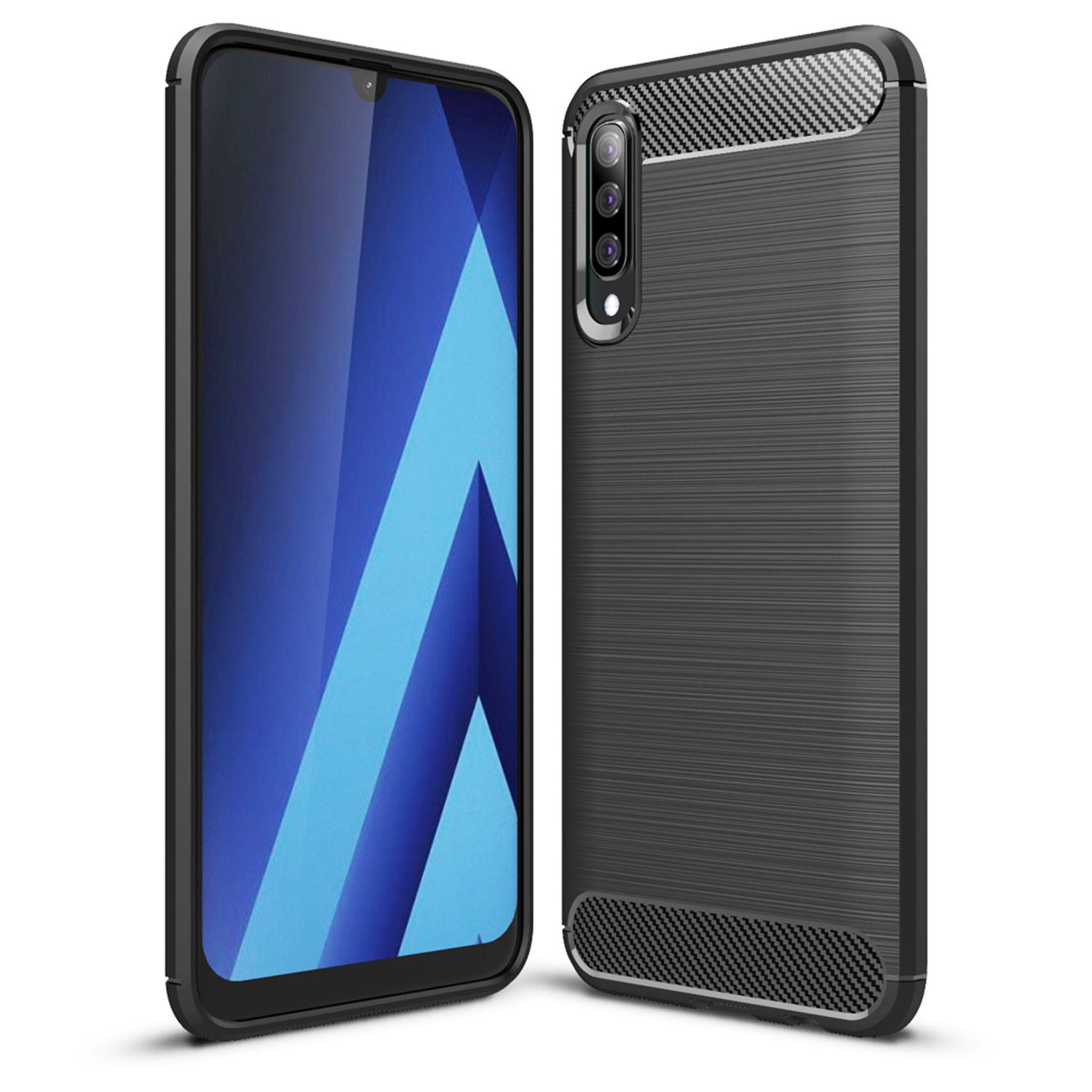 Schwarzes Telefon und Hülle. Hülle hat Kohlefasermuster.