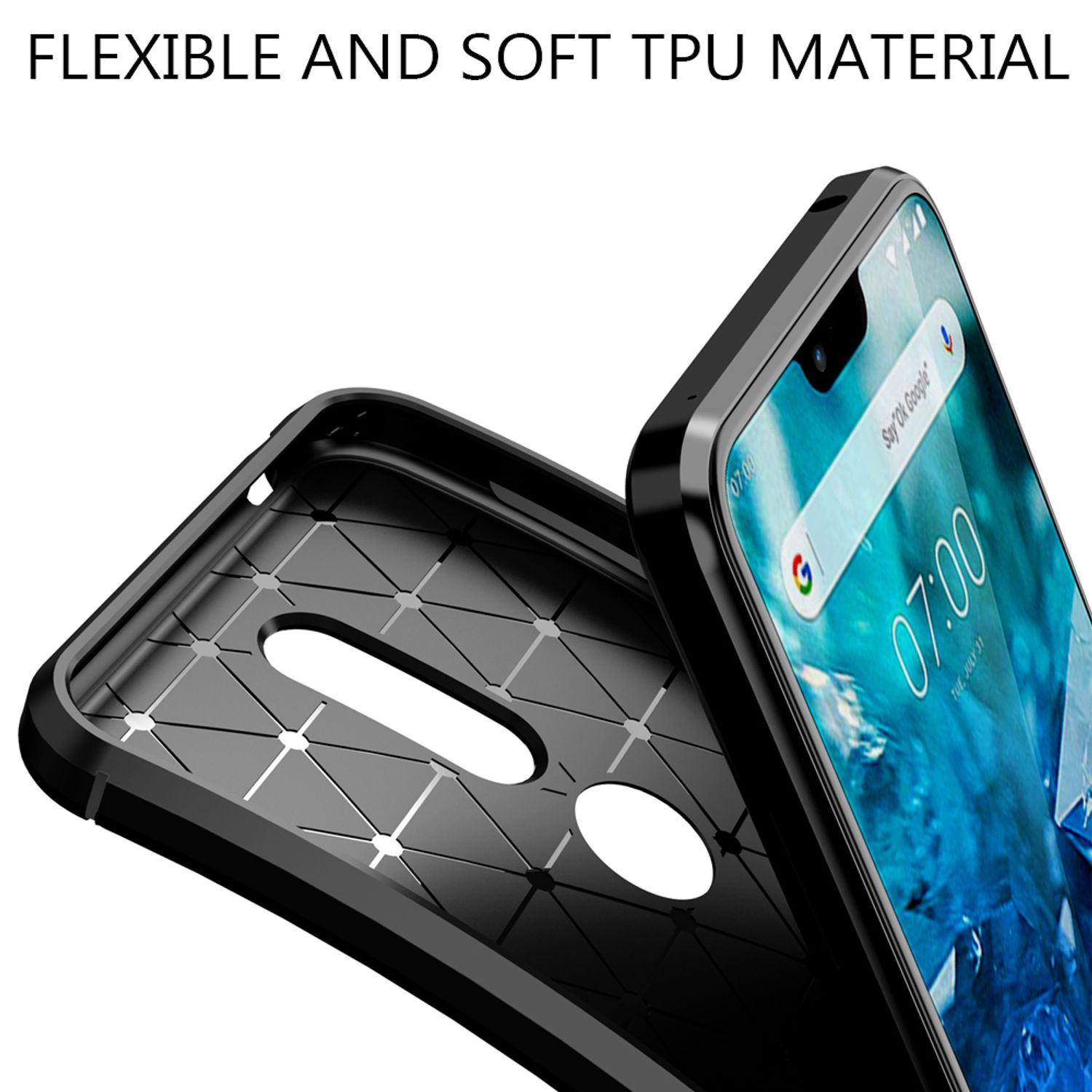 Schwarze Handyhülle, die ein Telefon schützt. Die Hülle hat ein strukturiertes Muster und bedeckt das Telefon.