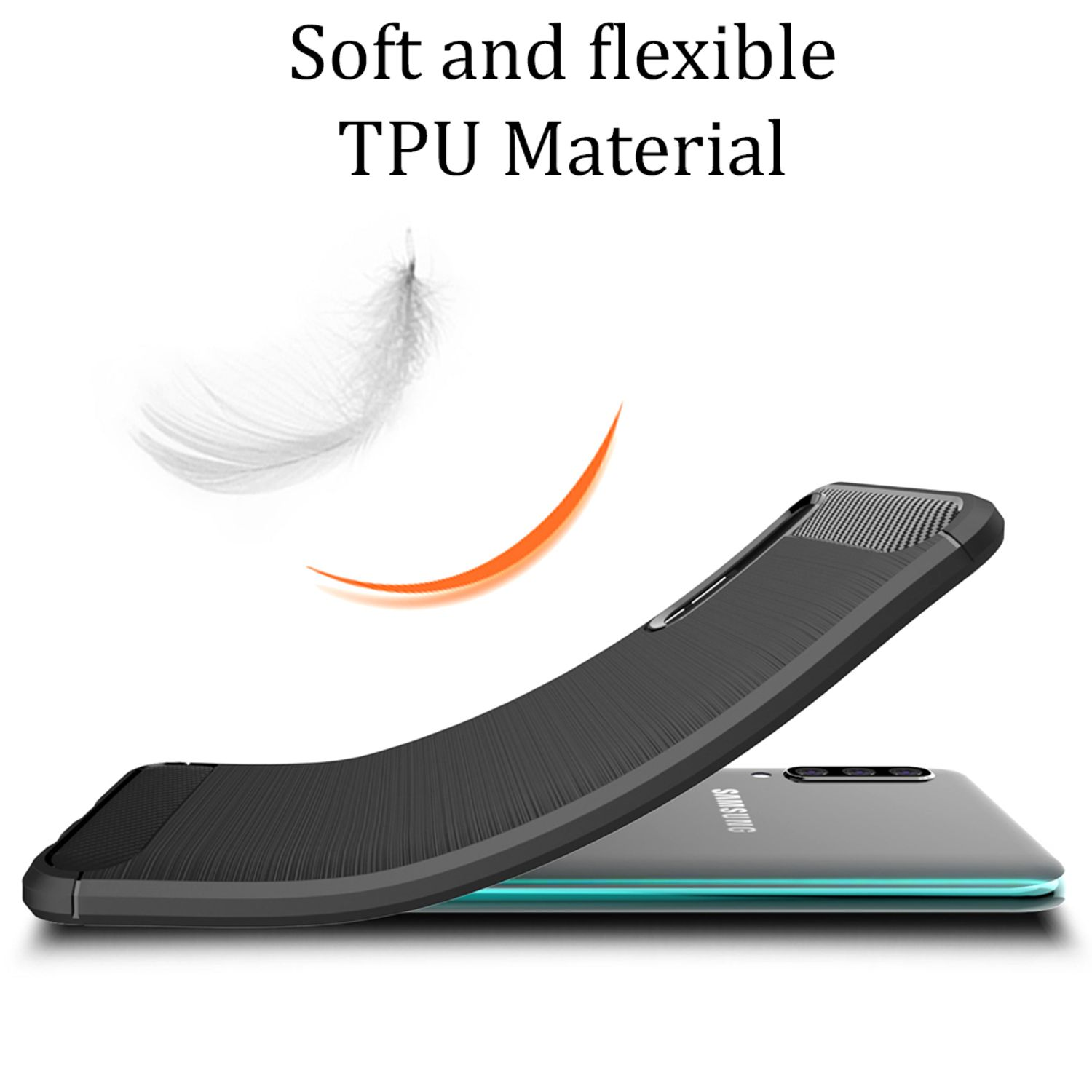 Schwarze Handyhülle mit Texturmuster, auf einem Handy, Federgrafik.