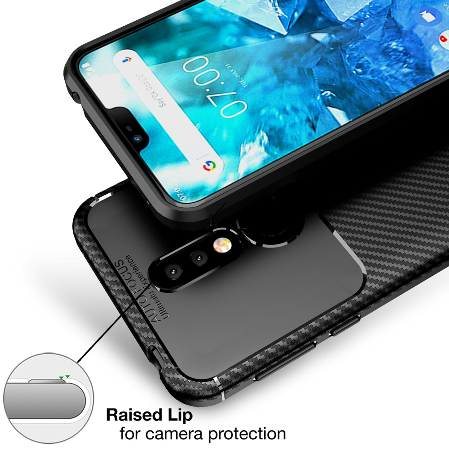 Eine Handyhülle mit einem schwarzen Telefon im Inneren, die einen erhöhten Rand um die Kamera zeigt.