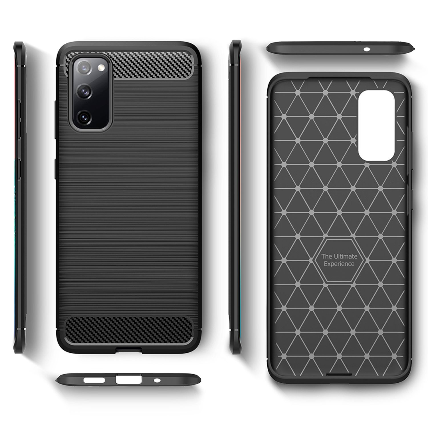 Eine schwarze Handyhülle mit strukturierter Rückseite und Oberseite aus Kohlefaser. Zeigt das Design des Telefons.