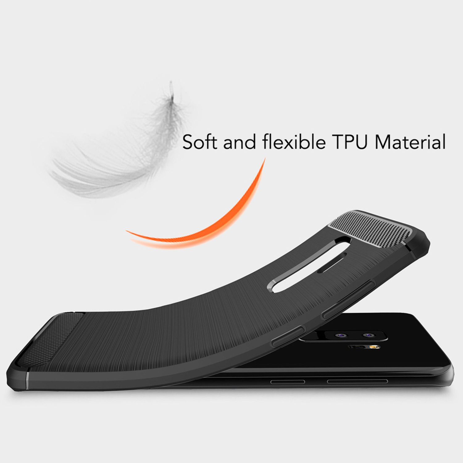 Schwarze Handyhülle mit strukturiertem Design, geöffnet gebogen. Eine Feder schwebt über dem Telefon.
