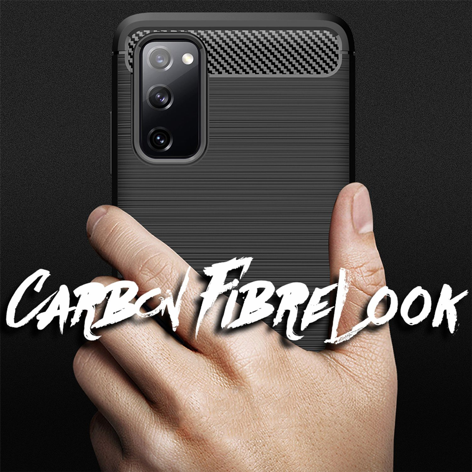 Eine schwarze Handyhülle mit Carbonfaser-Optik. Eine Hand hält die Handyhülle. Text: Carbonfaser-Optik.
