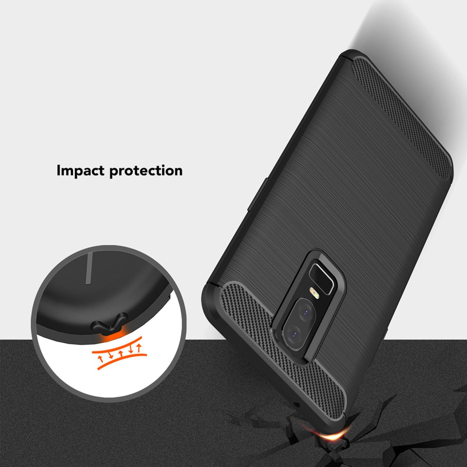 Funda negra para teléfono. Texto 'Protección contra impactos' y diagrama de absorción.