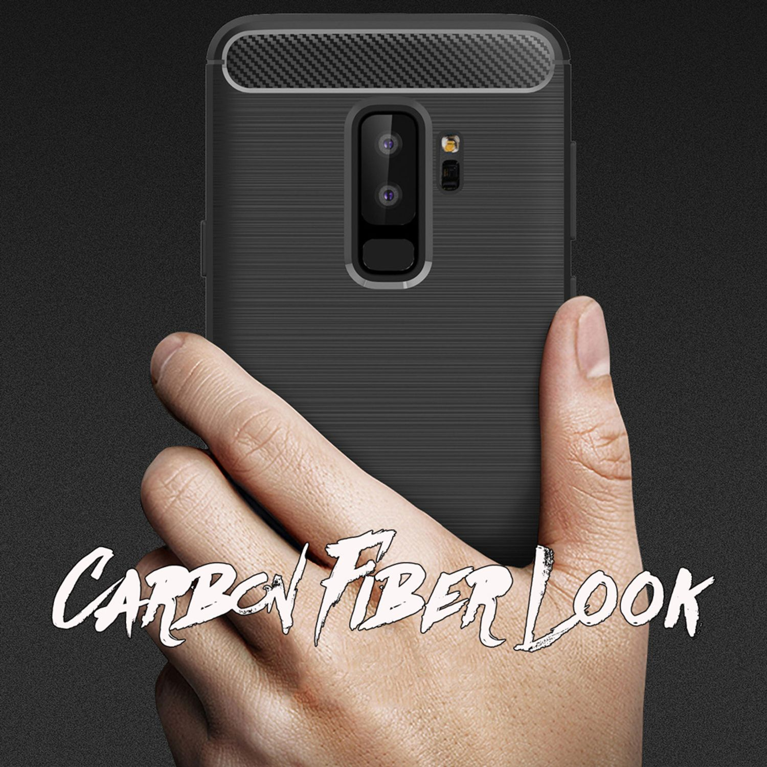 Hand, die eine Handyhülle im Carbonfaser-Look hält, mit den Worten Carbon Fiber Look.