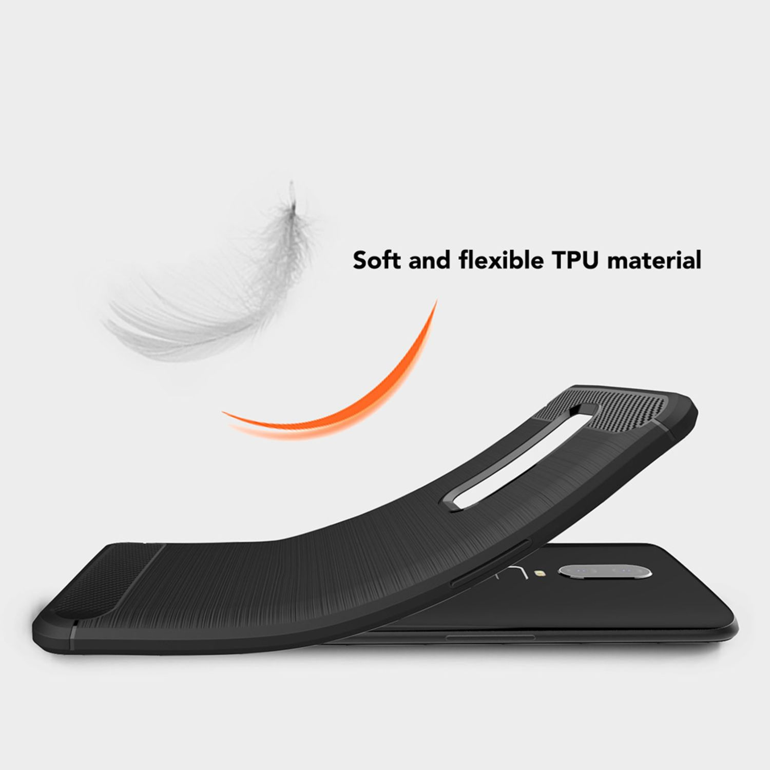 Funda de teléfono negra que se dobla y es suave y flexible. El texto dice: Soft and flexible TPU material.