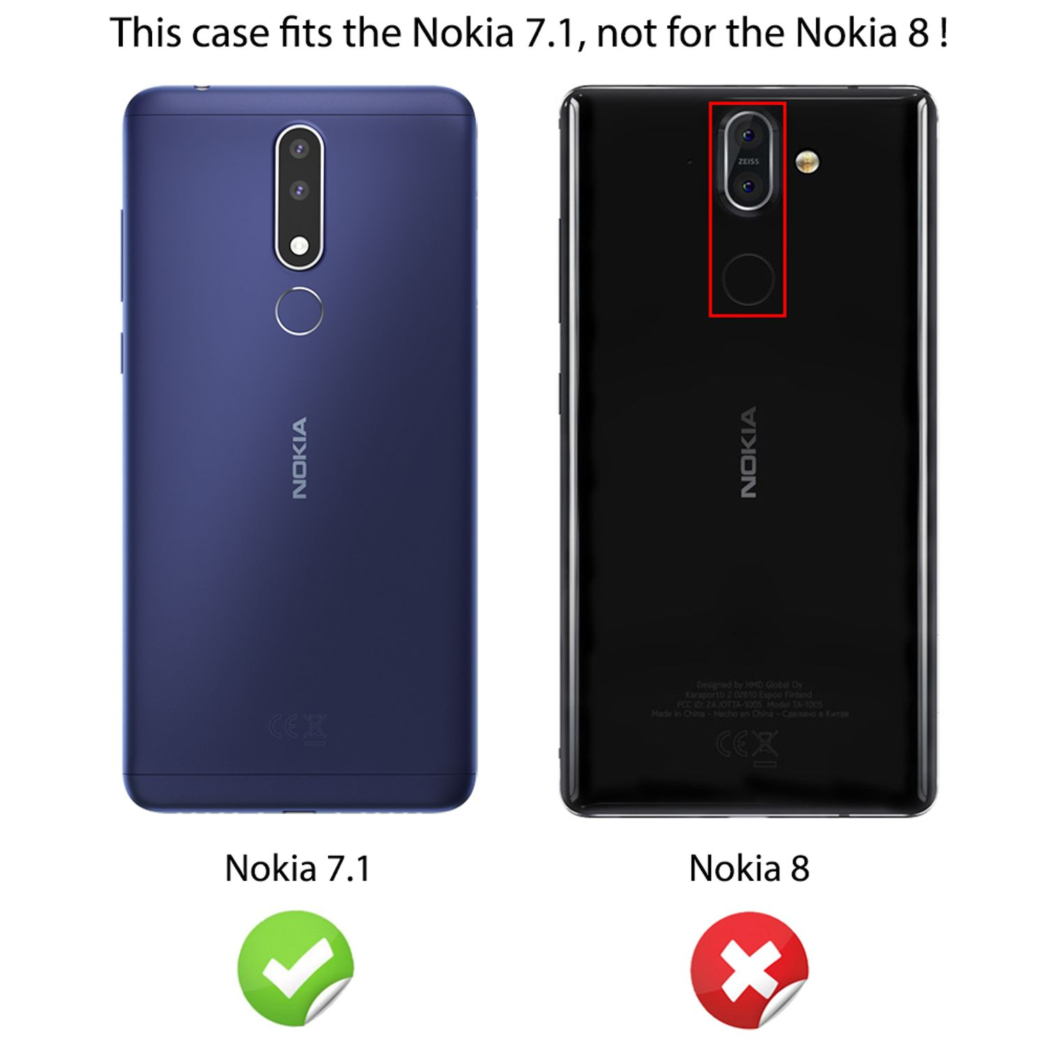 Zwei Telefone, Nokia 7.1 und Nokia 8. Hülle passt auf 7.1, nicht 8. Nokia 7.1 ist markiert.