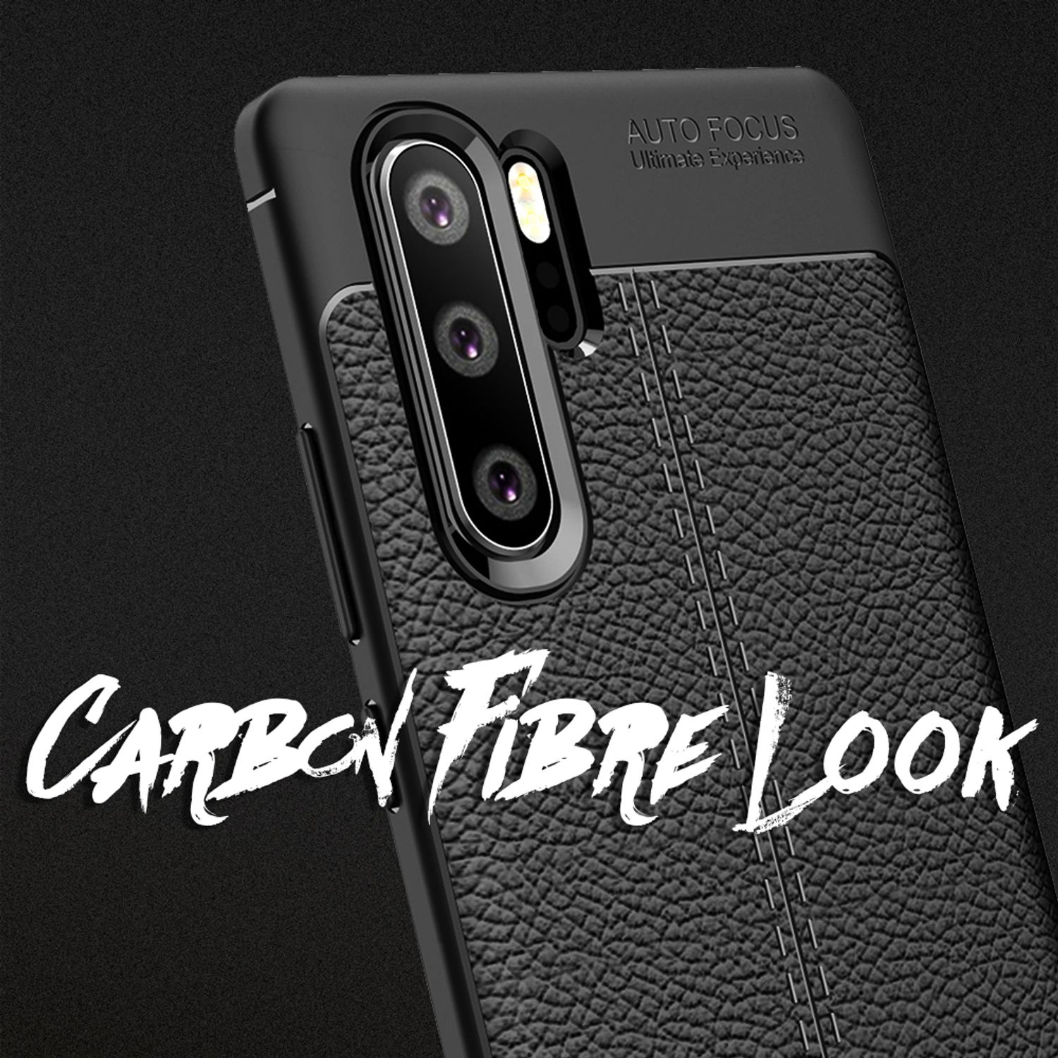 Eine Handyhülle mit Carbonfaser-Look. Die Hülle ist schwarz und hat eine strukturierte Oberfläche.