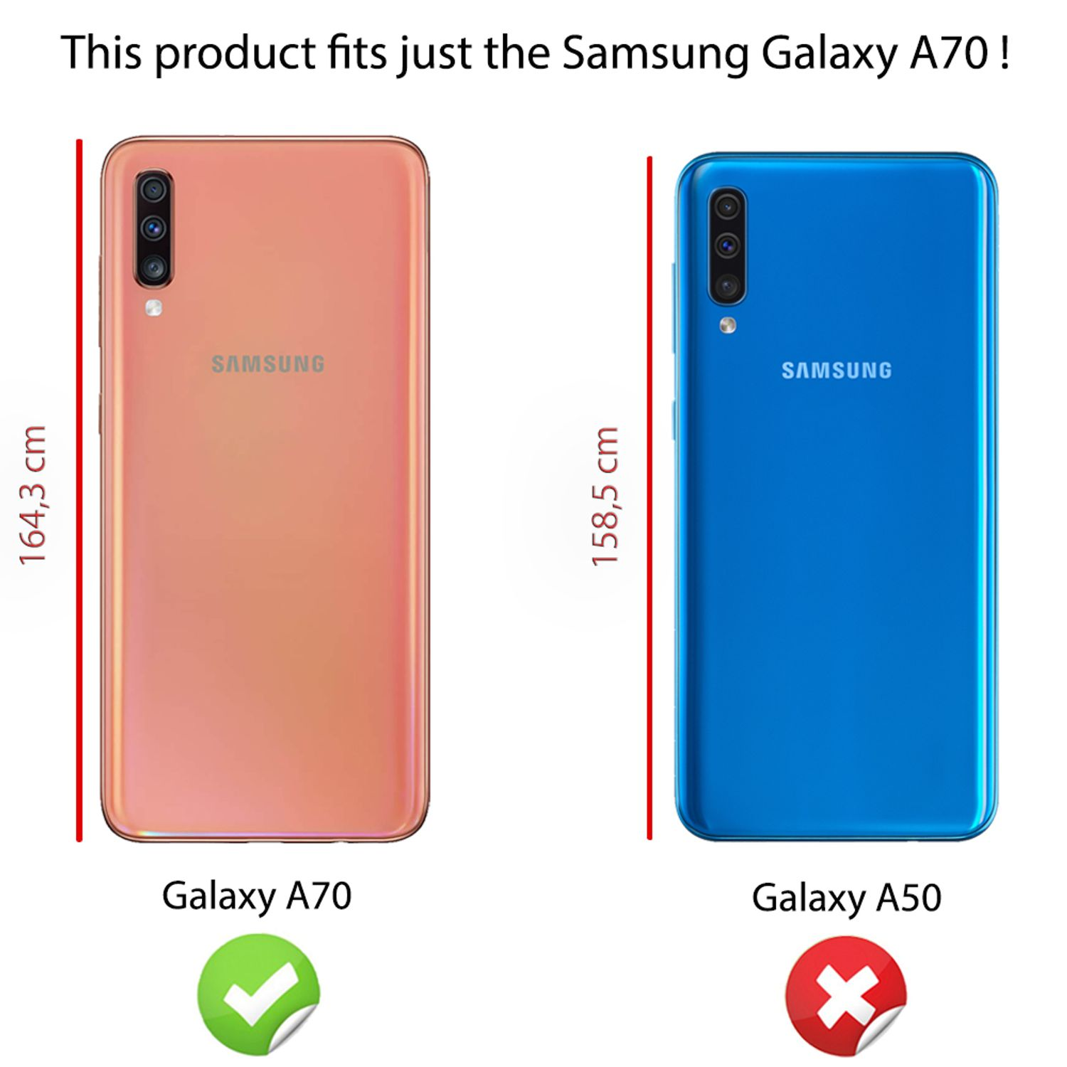 Zwei Telefone, Pfirsich und Blau, mit Abmessungen. Das Pfirsich passt, das Blaue nicht.