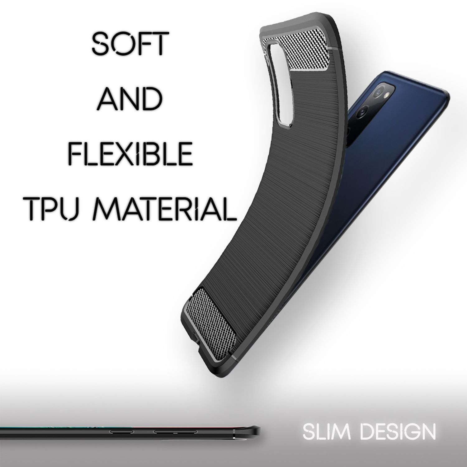 Schwarze Handyhülle mit strukturierter Rückseite und schlankem Design. Telefon ist drin. Die Hülle ist schlank.