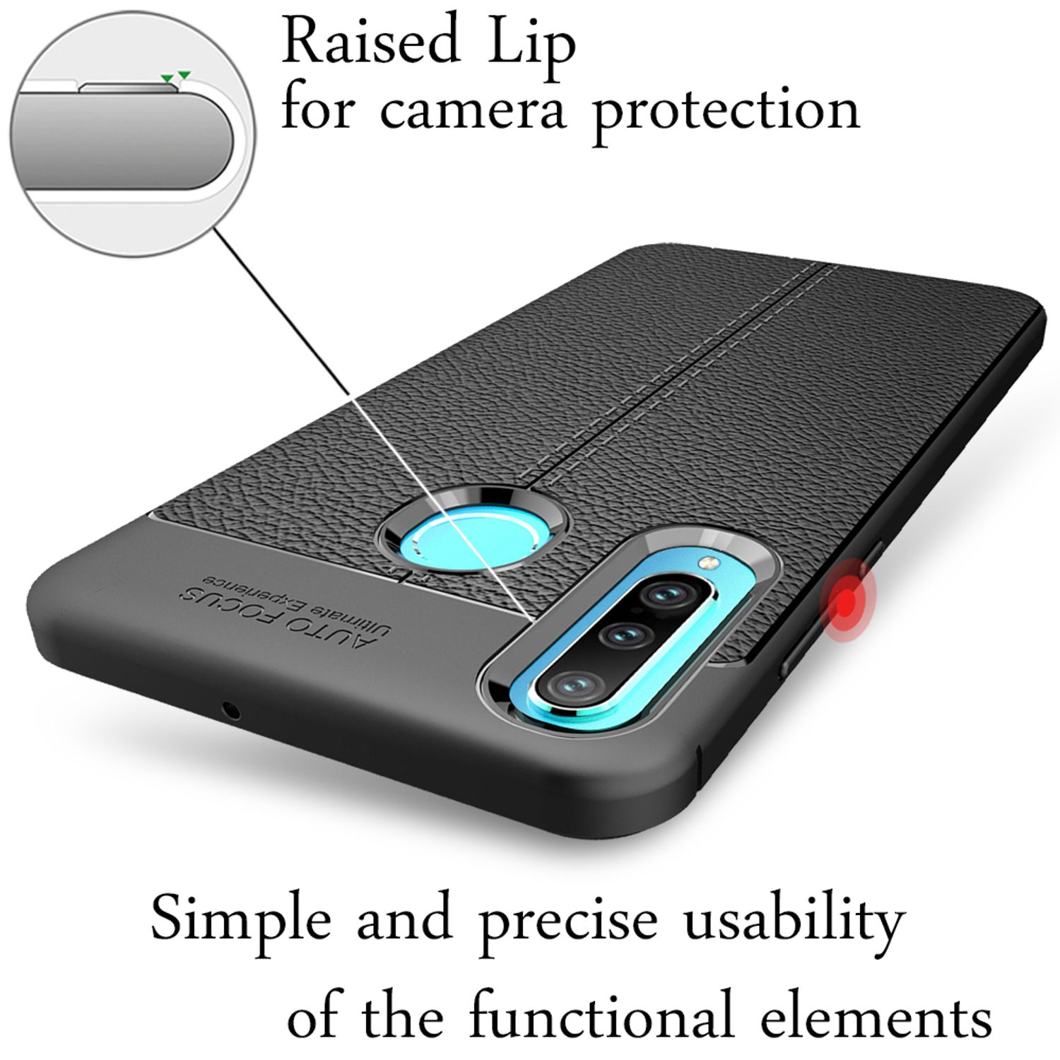 Coque de téléphone noire avec texture cuir et design de protection de caméra.