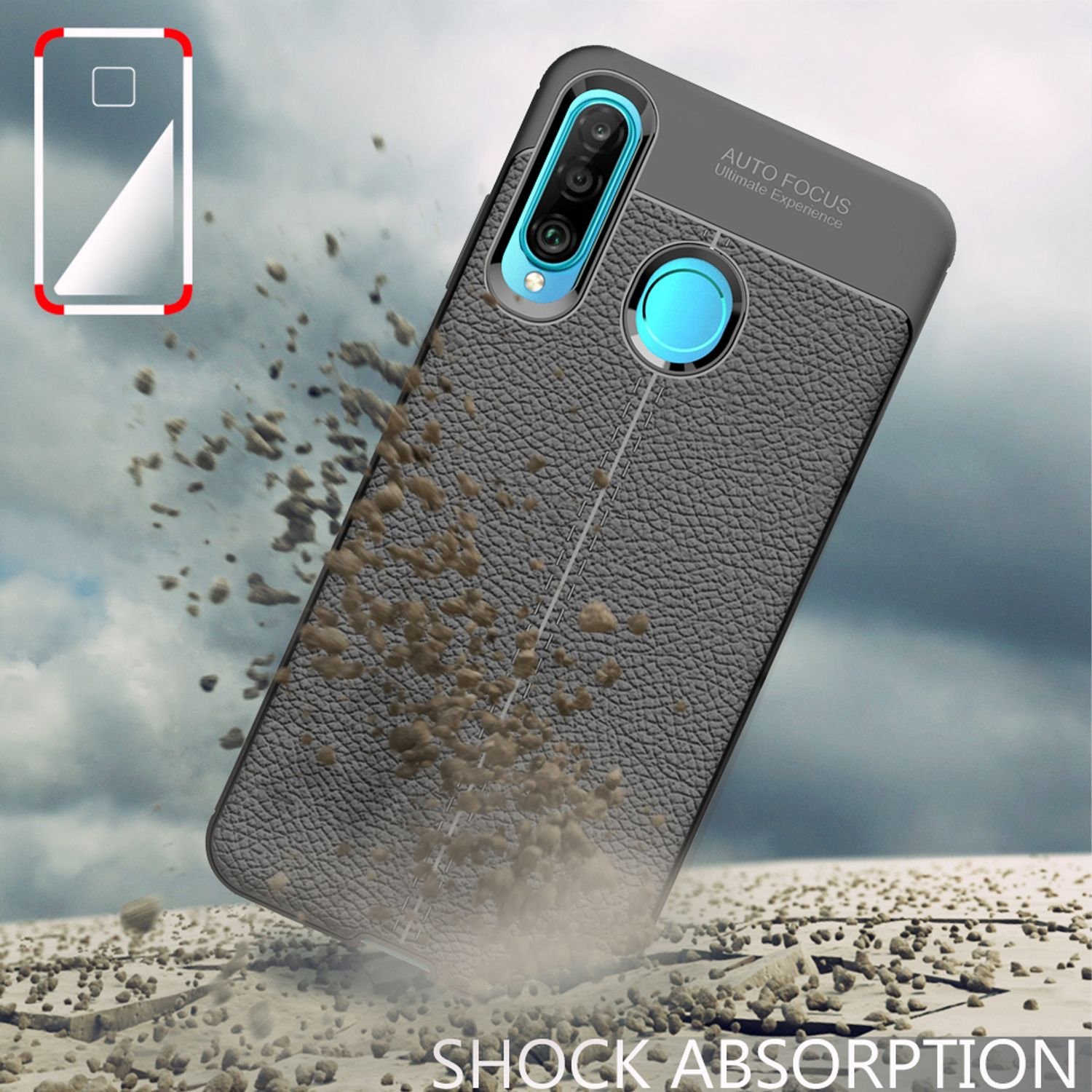 Coque de téléphone noire avec texte : absorption des chocs. Premier plan : débris. Fond gris.