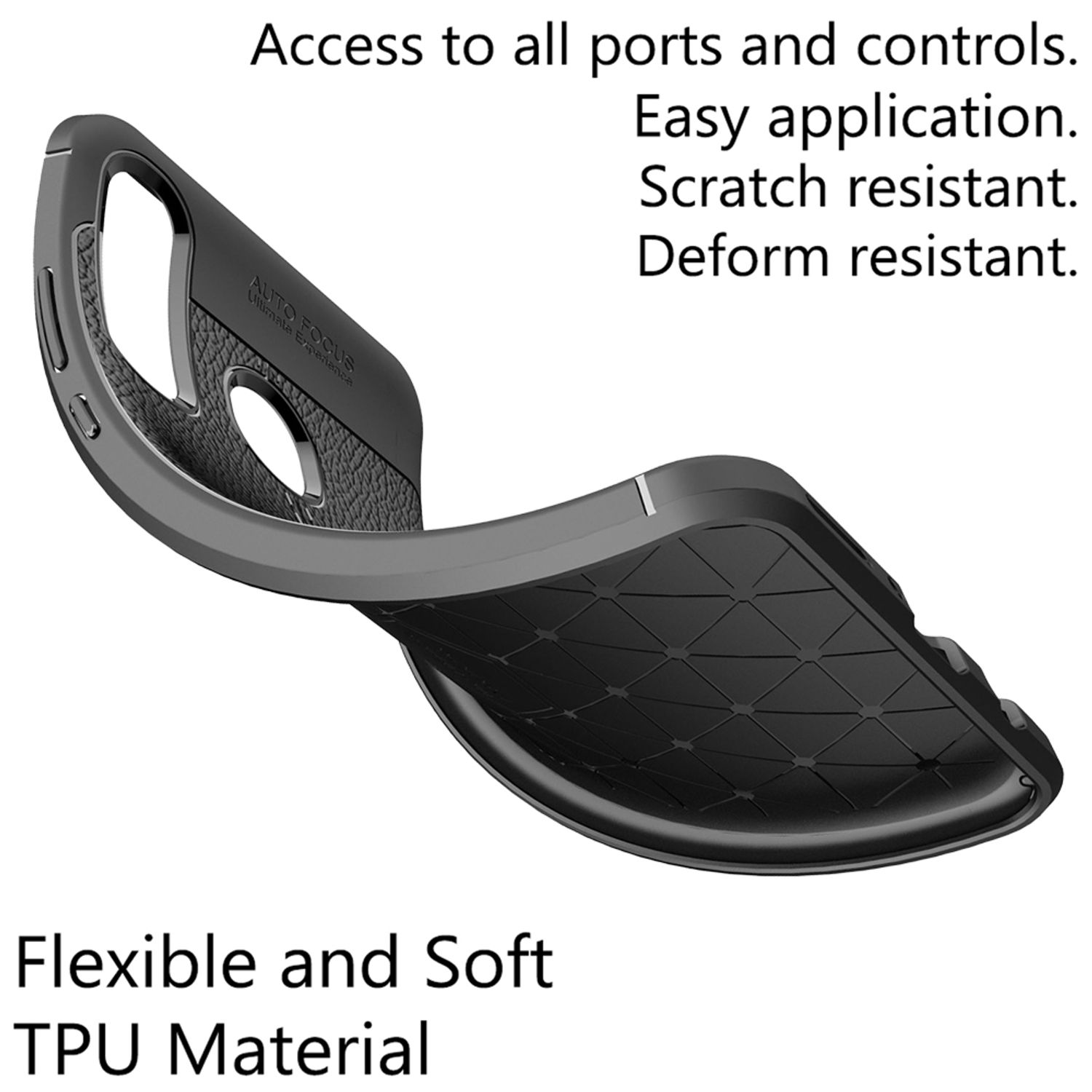 Coque de téléphone noire avec texte : Accès à tous les ports et commandes. Fond blanc.