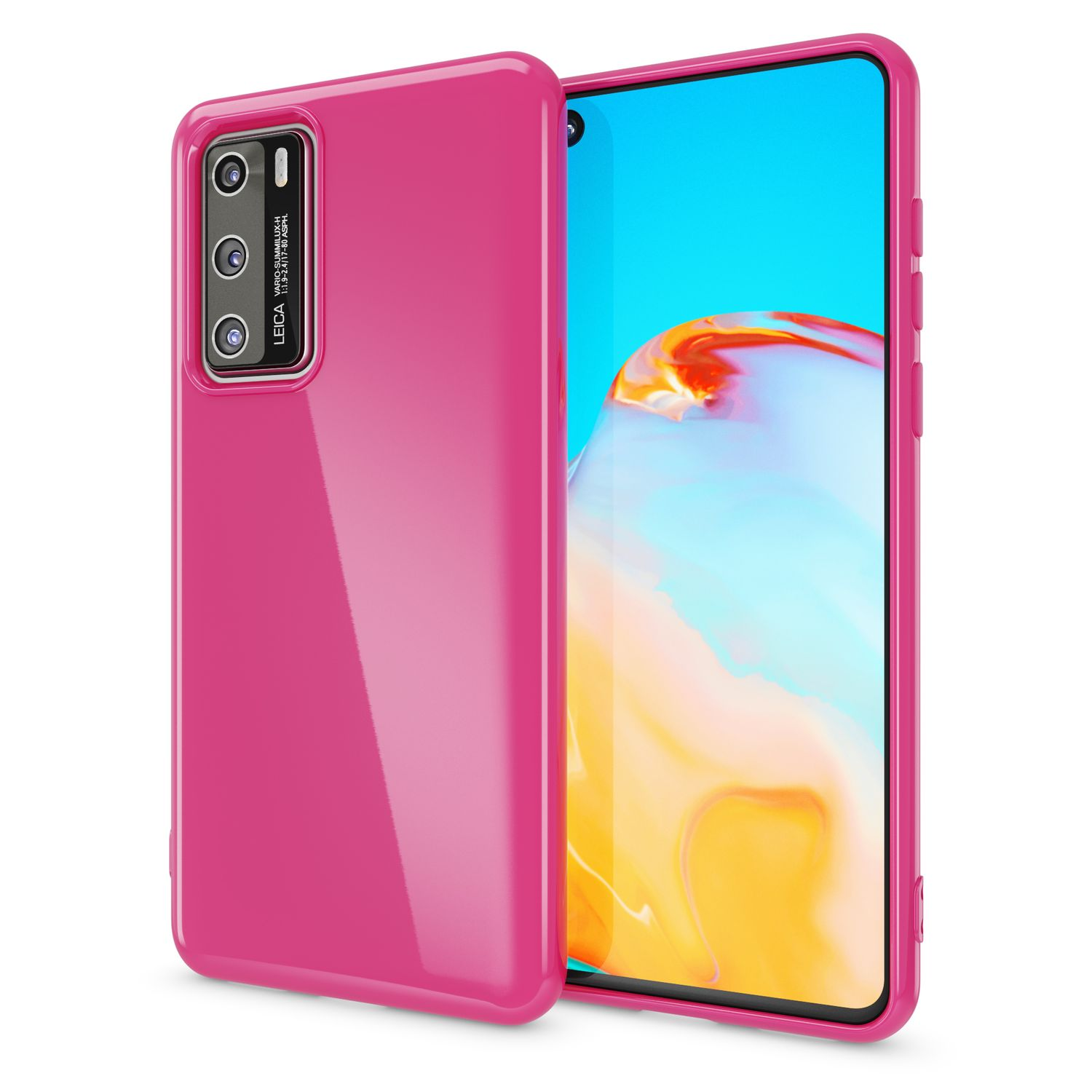 Rosa Handyhülle mit einem Telefon darin. Die Handyhülle ist einfarbig rosa und der Telefonbildschirm ist sichtbar.