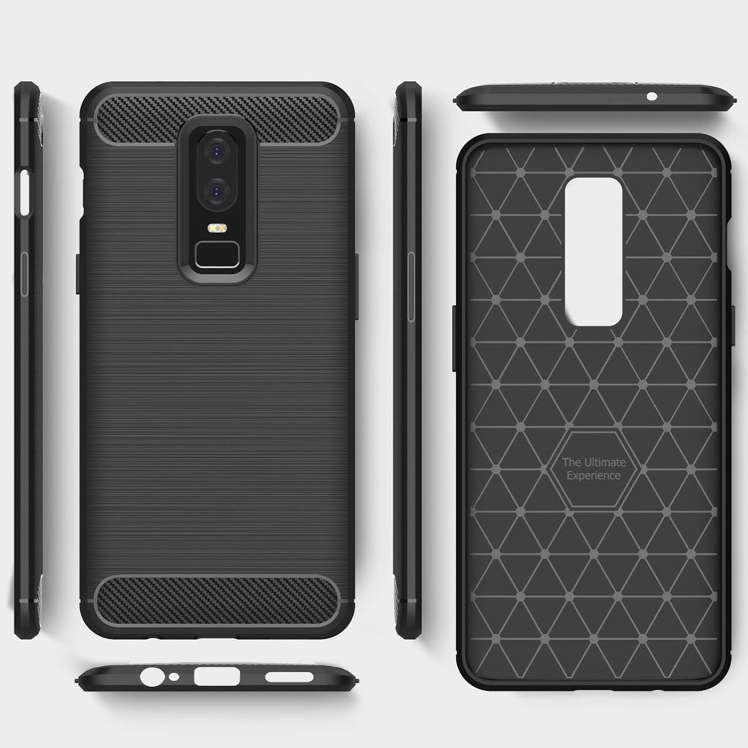 Múltiples vistas de una funda negra para teléfono con superficies texturizadas y recortes para cámara y botones.