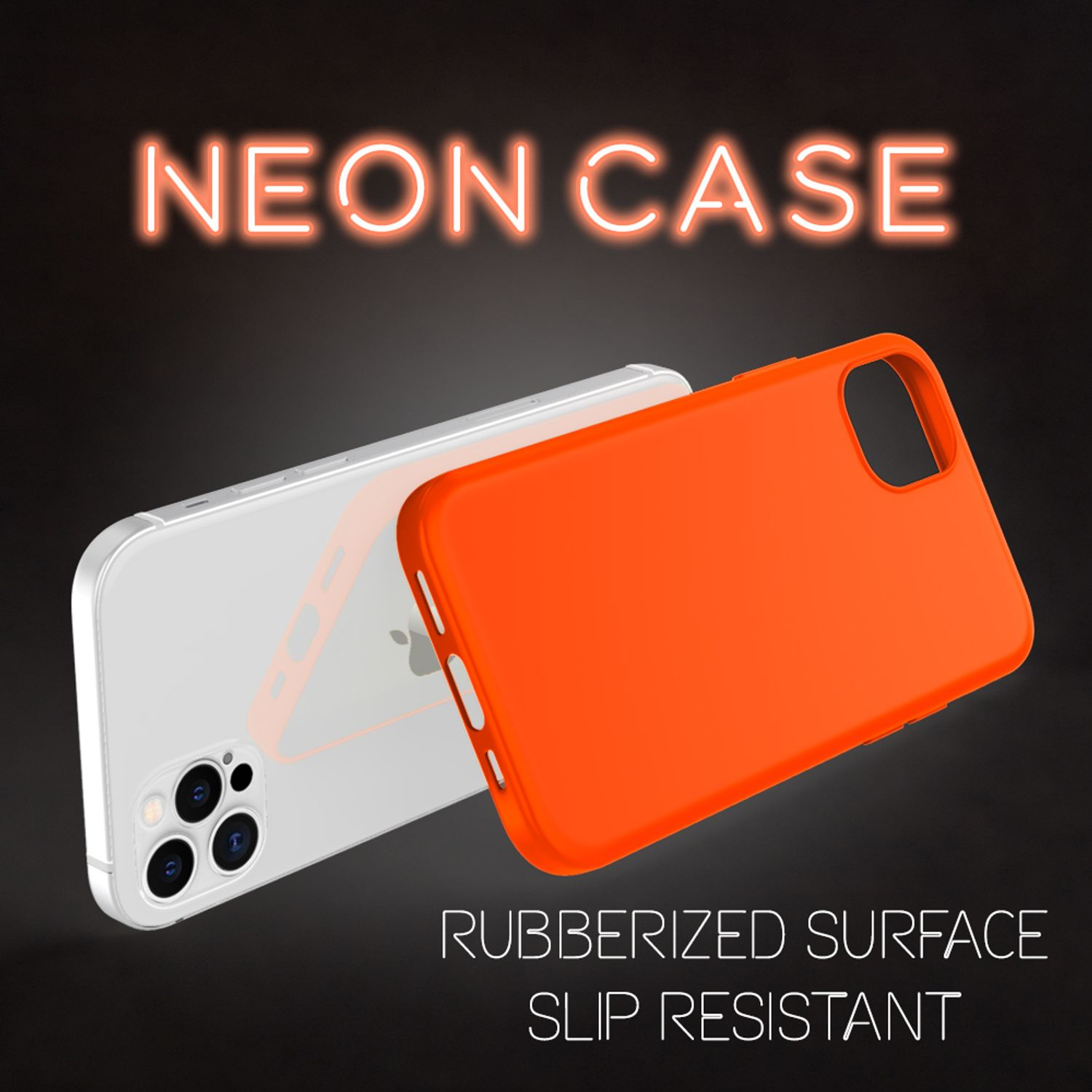 Zwei Handyhüllen, eine transparente und eine orangefarbene, mit Text, der 'Neon Case' und 'Rubberized Surface' sagt.