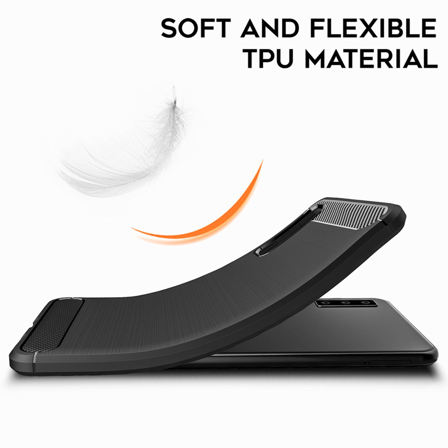 Schwarzes Telefon mit abgezogener Hülle. Die Hülle ist schwarz und zeigt ein strukturiertes Design.