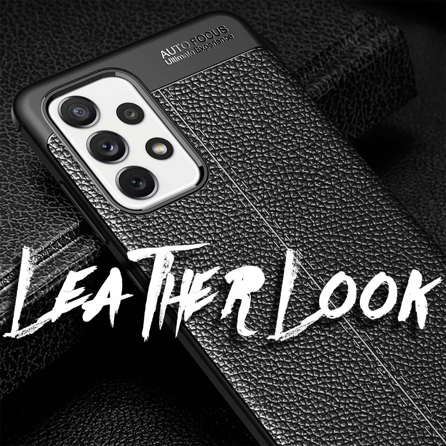 Nahaufnahme einer Handyhülle mit Lederoptik und den Worten 'LEATHER LOOK'.
