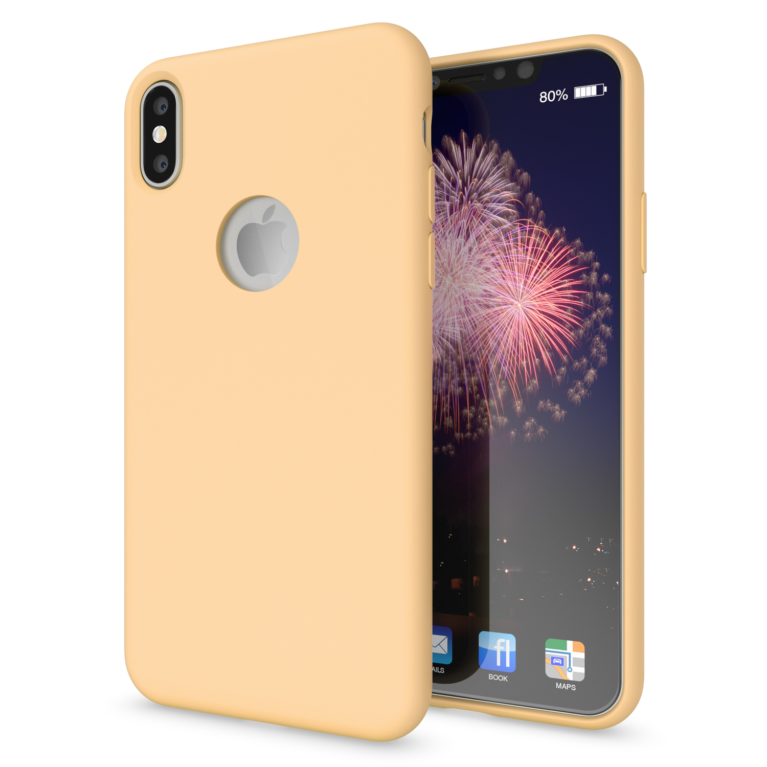 Telefon mit beigem Gehäuse, das eine Feuerwerkszene anzeigt.