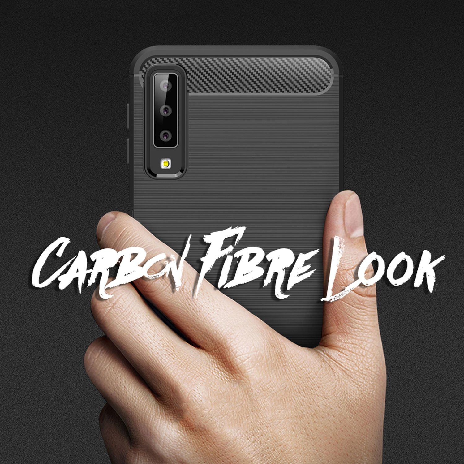 Hand, die eine schwarze Handyhülle mit dem Text "Carbon Fibre Look" hält. Die Hülle hat eine strukturierte Oberfläche.