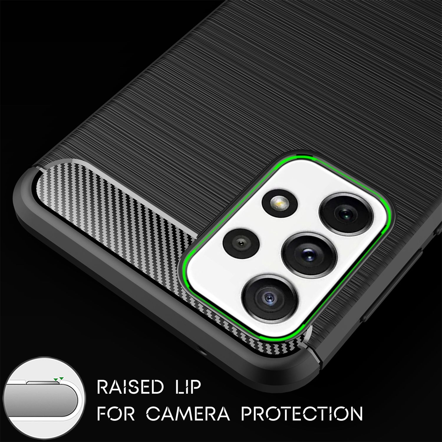 Schwarze Handyhülle mit Kameraaussparung. Der Text lautet 'RAISED LIP FOR CAMERA PROTECTION' und steht auf schwarzem Hintergrund.