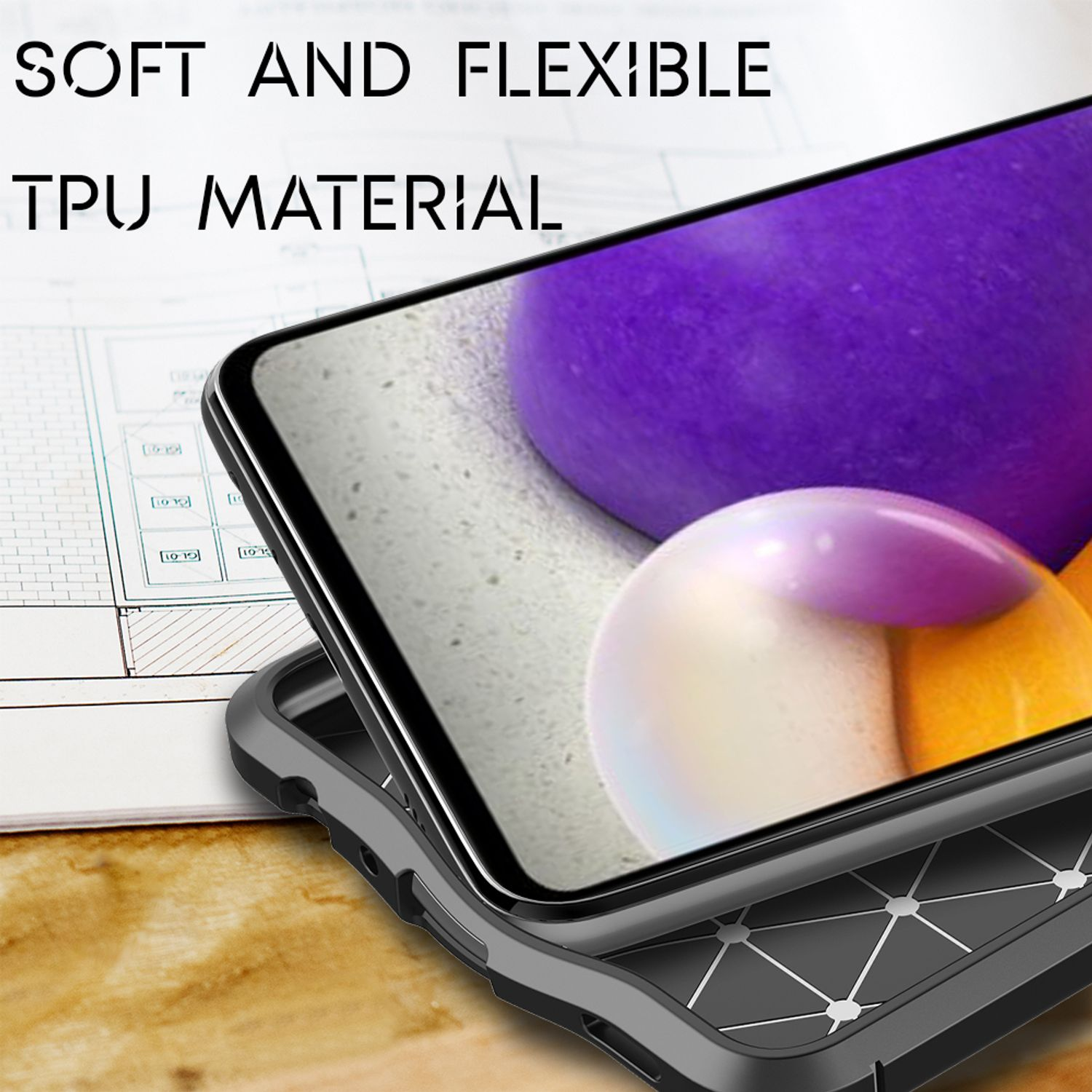 Nahaufnahme einer Handyhülle mit Bildschirm, zeigt weiches, flexibles TPU-Material, mit geometrischem Design.