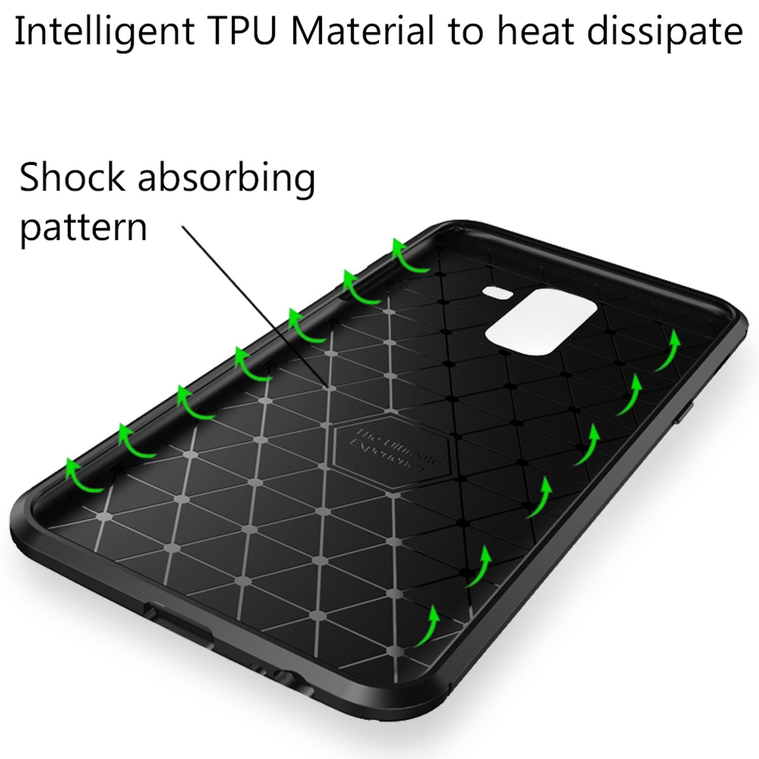 Schwarze Handyhülle. Text lautet: Intelligentes TPU-Material zur Wärmeableitung und stoßabsorbierendes Muster.
