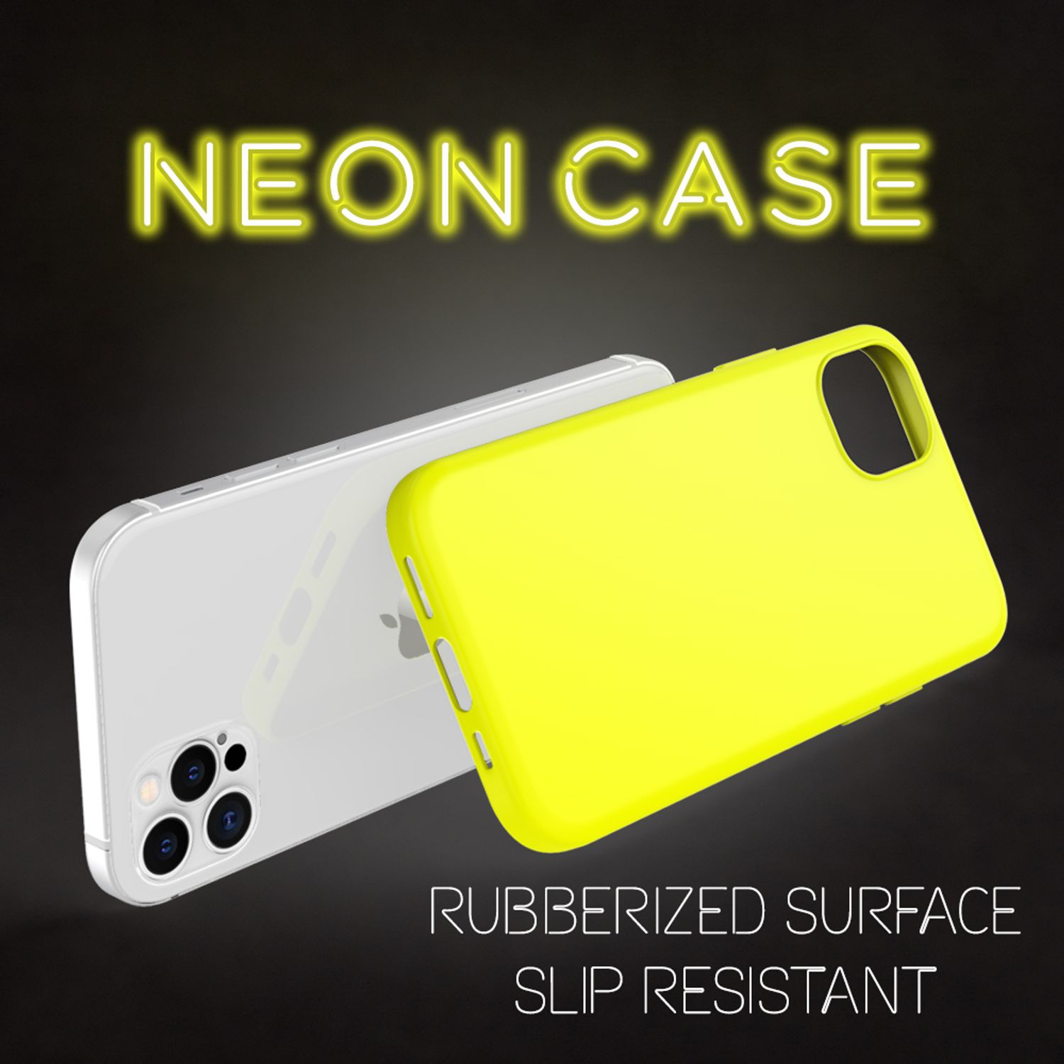 Gelbe Neon-Handyhülle rechts, und ein weißes Telefon, Text sagt 'NEON CASE'.