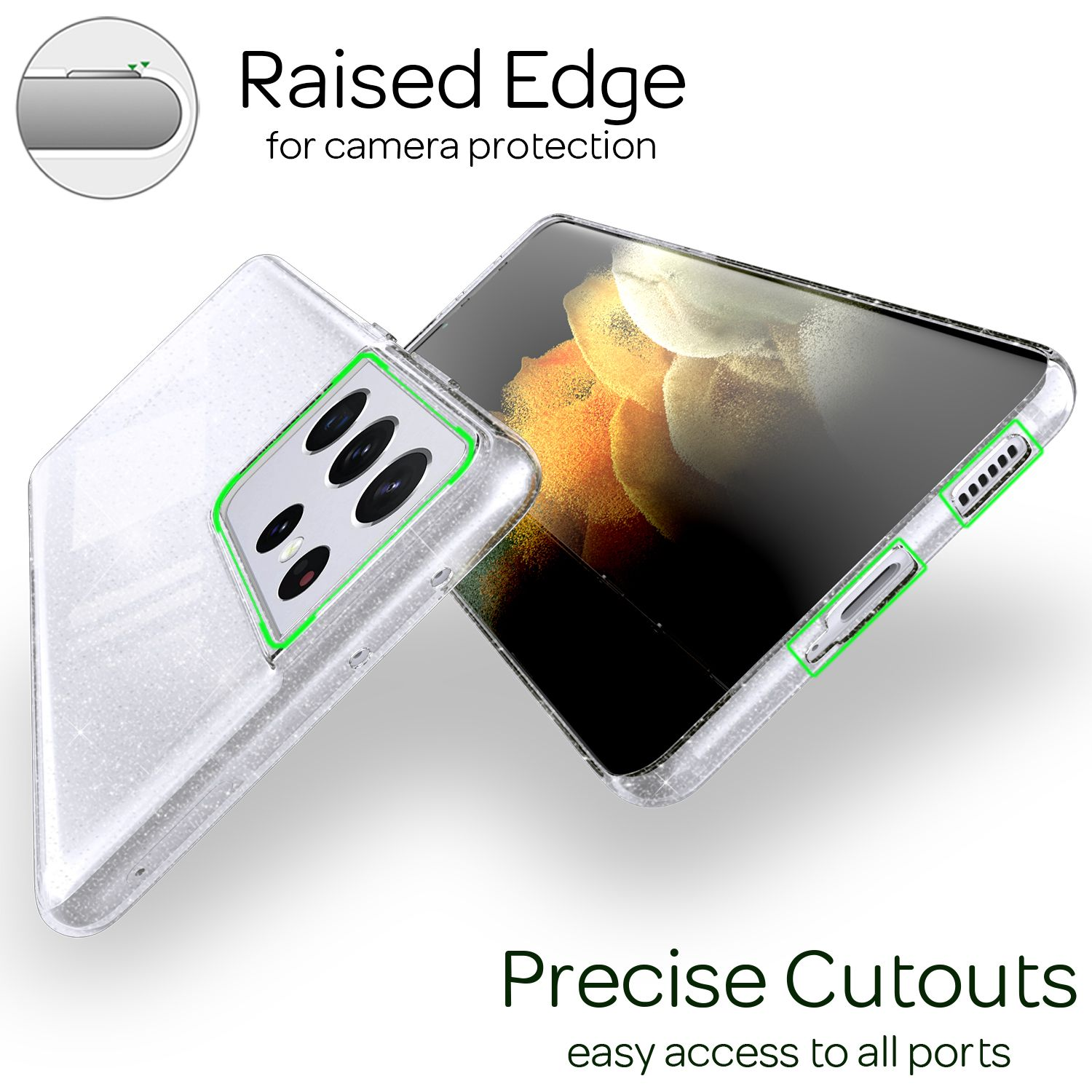 Transparente Handyhülle mit Glitzer, zeigt ein Telefon mit Kameraaussparungen und die Worte 'Raised Edge' und 'Precise Cutouts'.